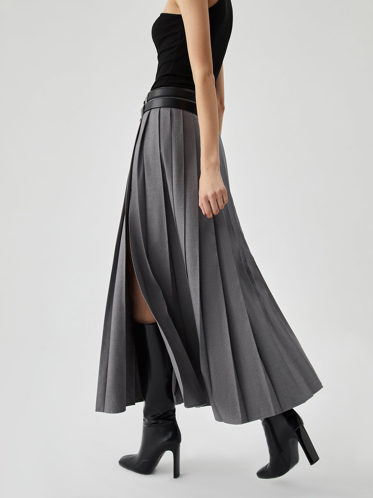 High-Waist Pleated Slit Maxi Skirt