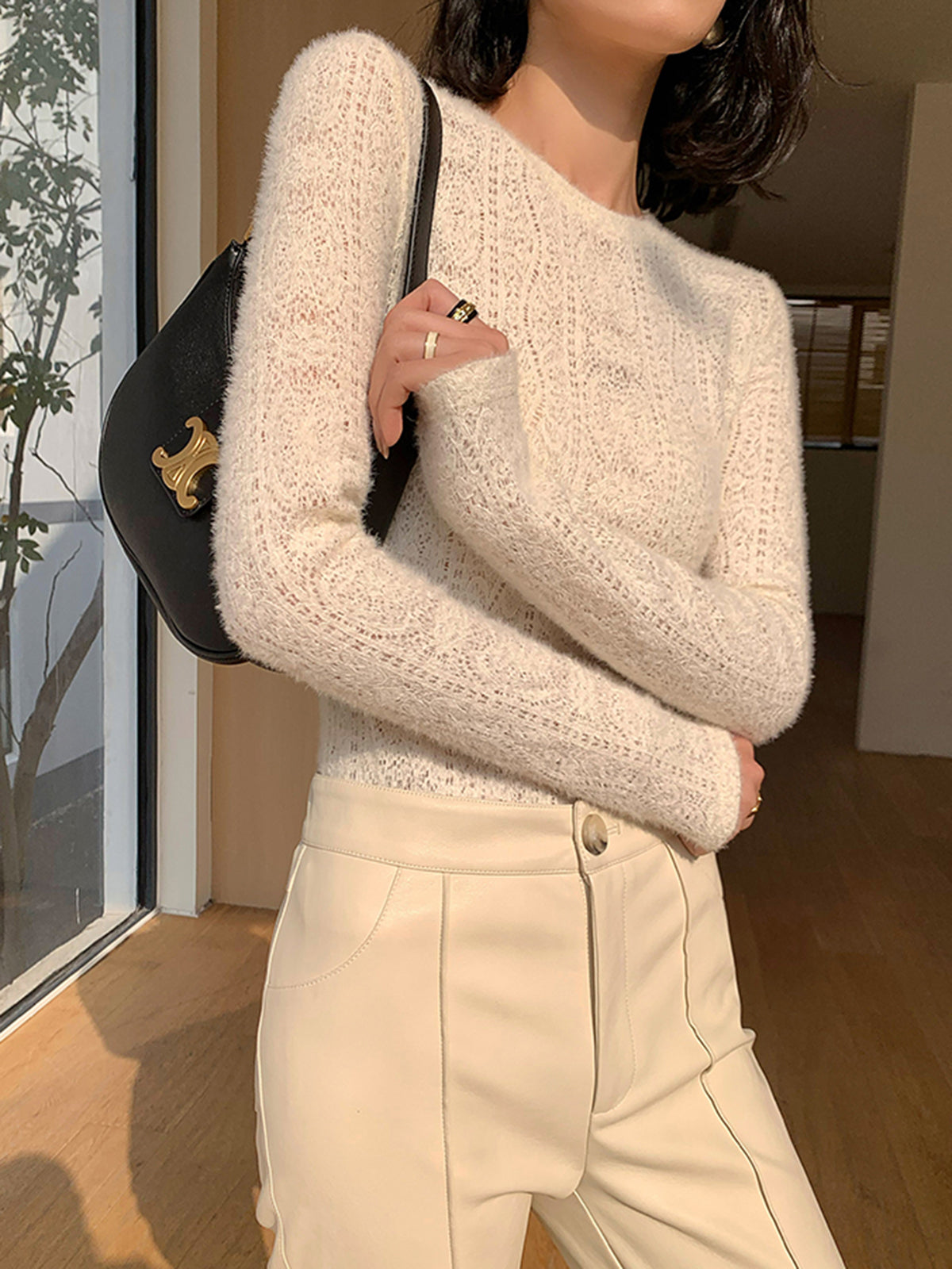 Floral Open-Knit Crew Neck Sweater Top