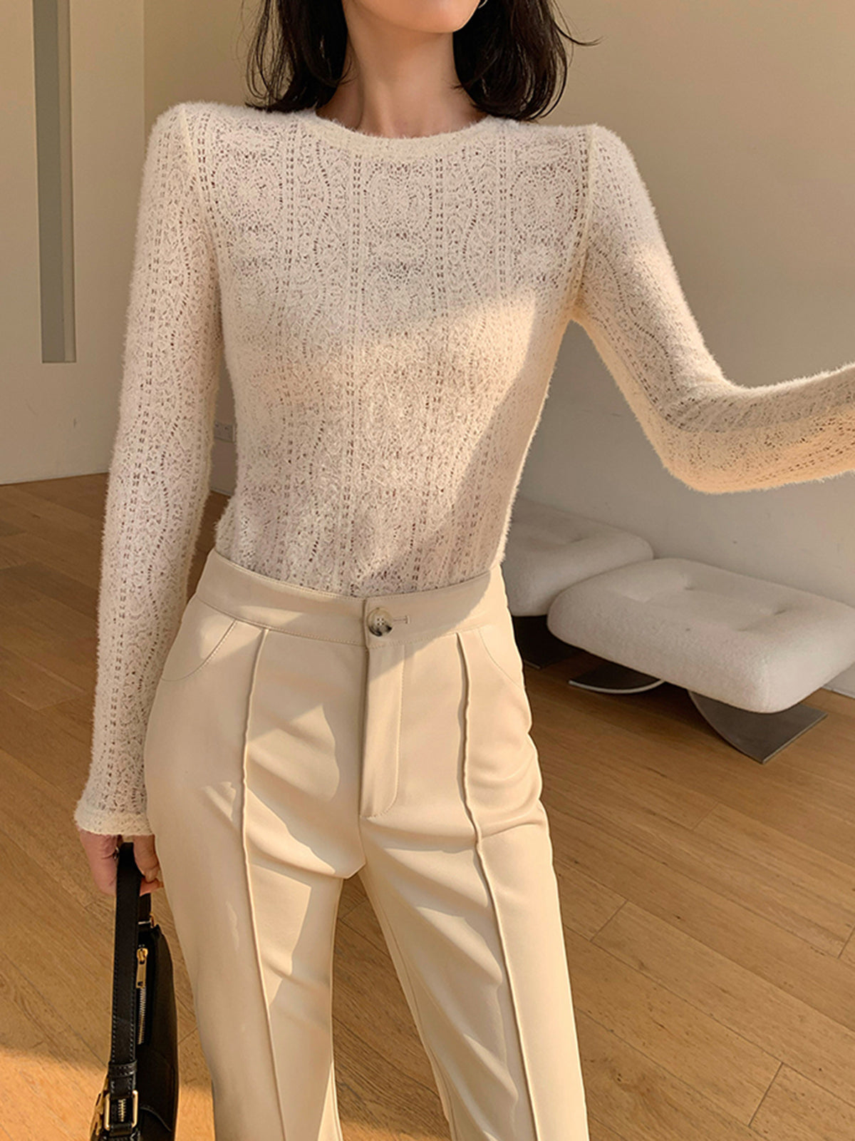 Floral Open-Knit Crew Neck Sweater Top