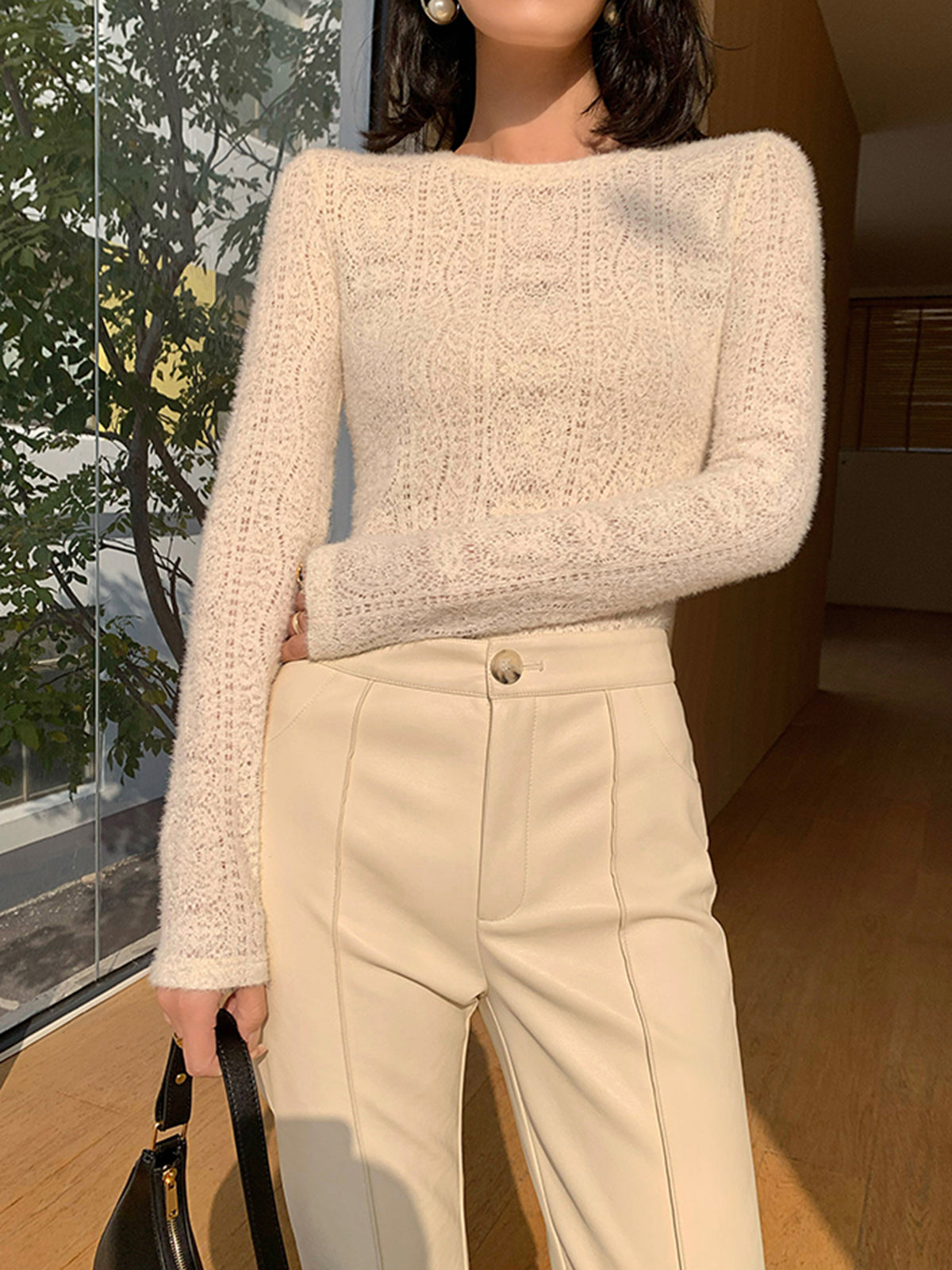 Floral Open-Knit Crew Neck Sweater Top
