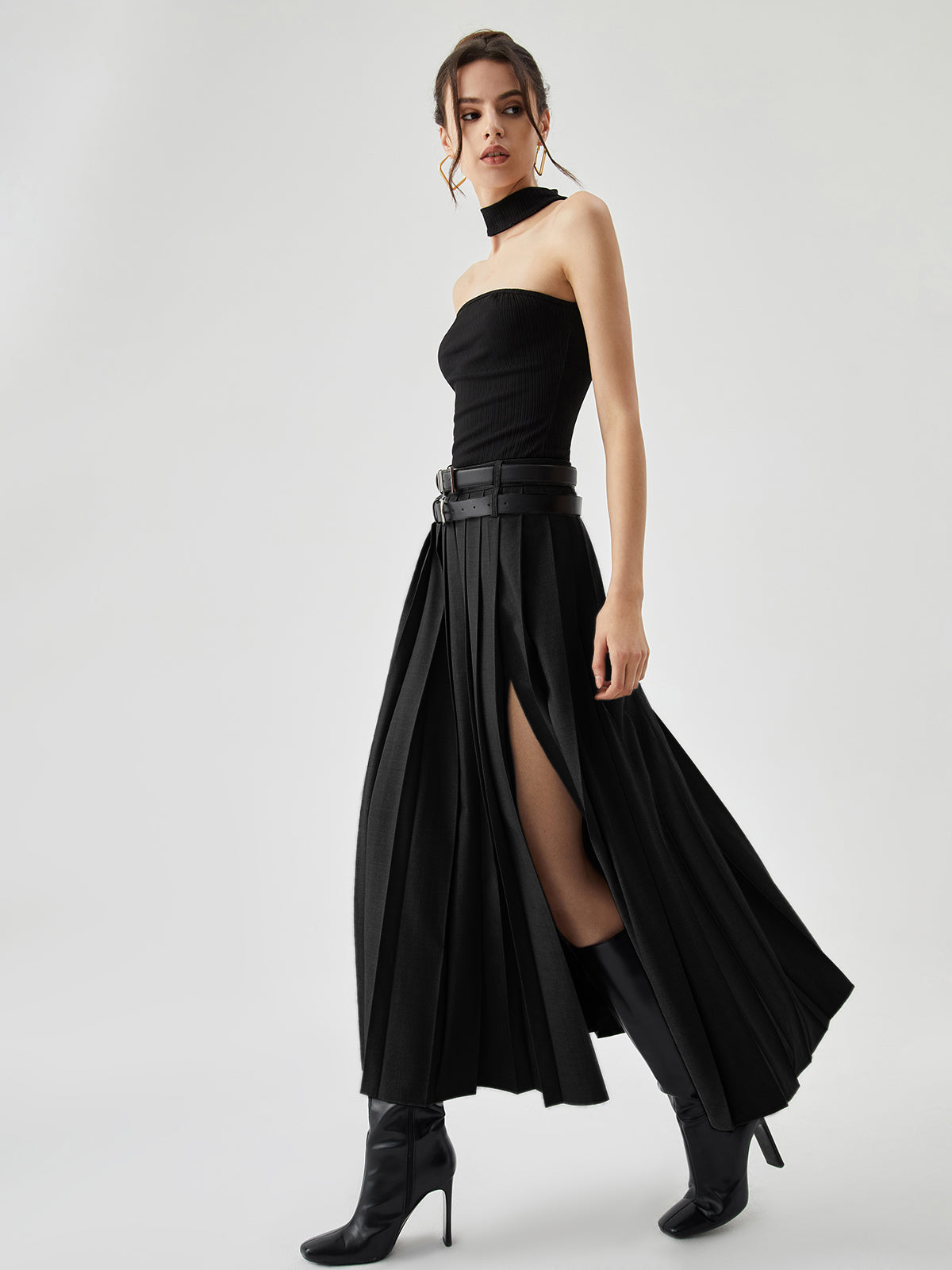 High-Waist Pleated Slit Maxi Skirt