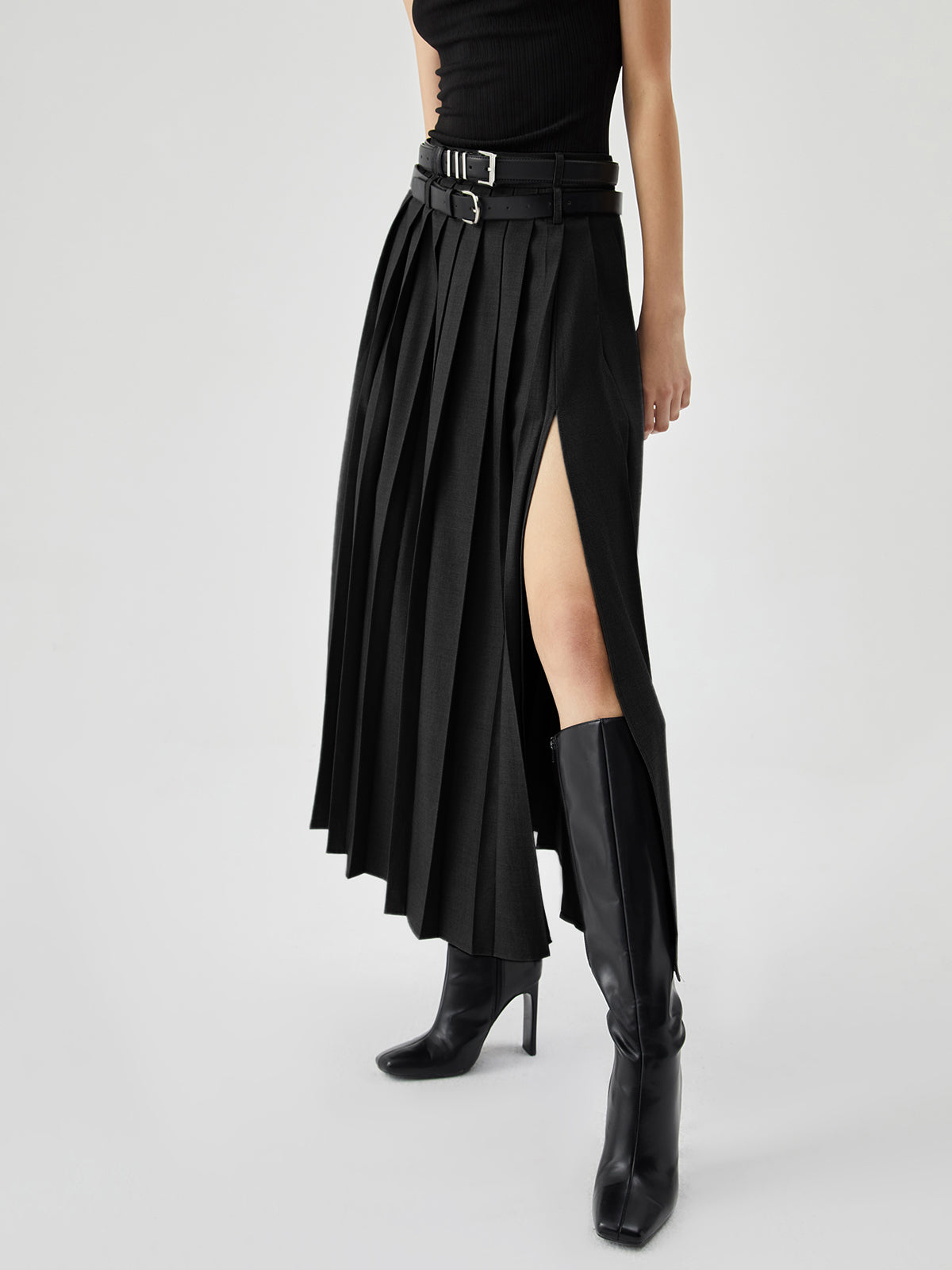 High-Waist Pleated Slit Maxi Skirt