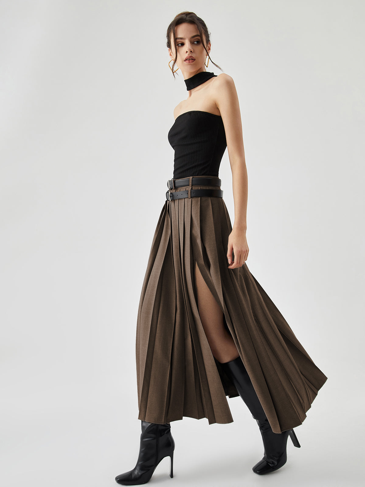 High-Waist Pleated Slit Maxi Skirt