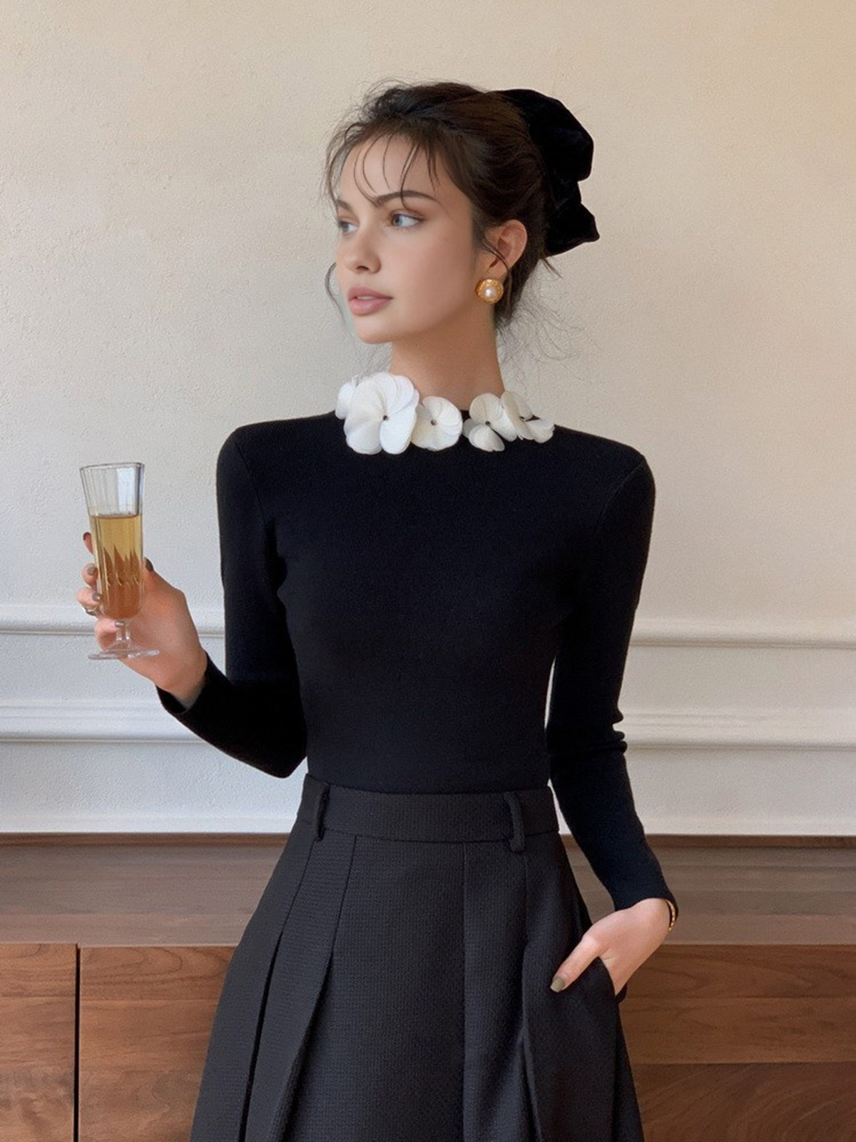 Solid Fitted Long Sleeve Stretch Knit Top
