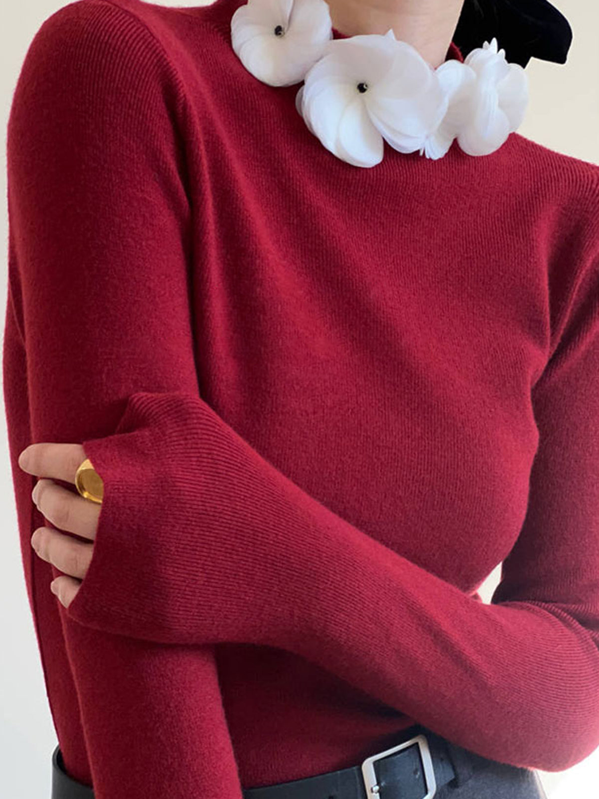 Solid Fitted Long Sleeve Stretch Knit Top