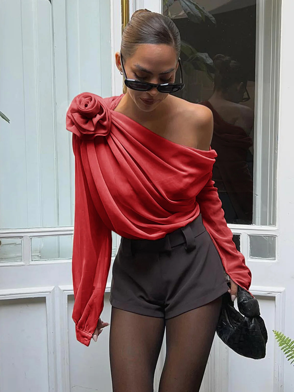 Asymmetrical One-Shoulder Chiffon Blouse