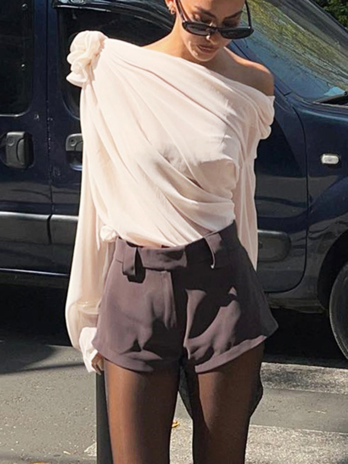 Asymmetrical One-Shoulder Chiffon Blouse