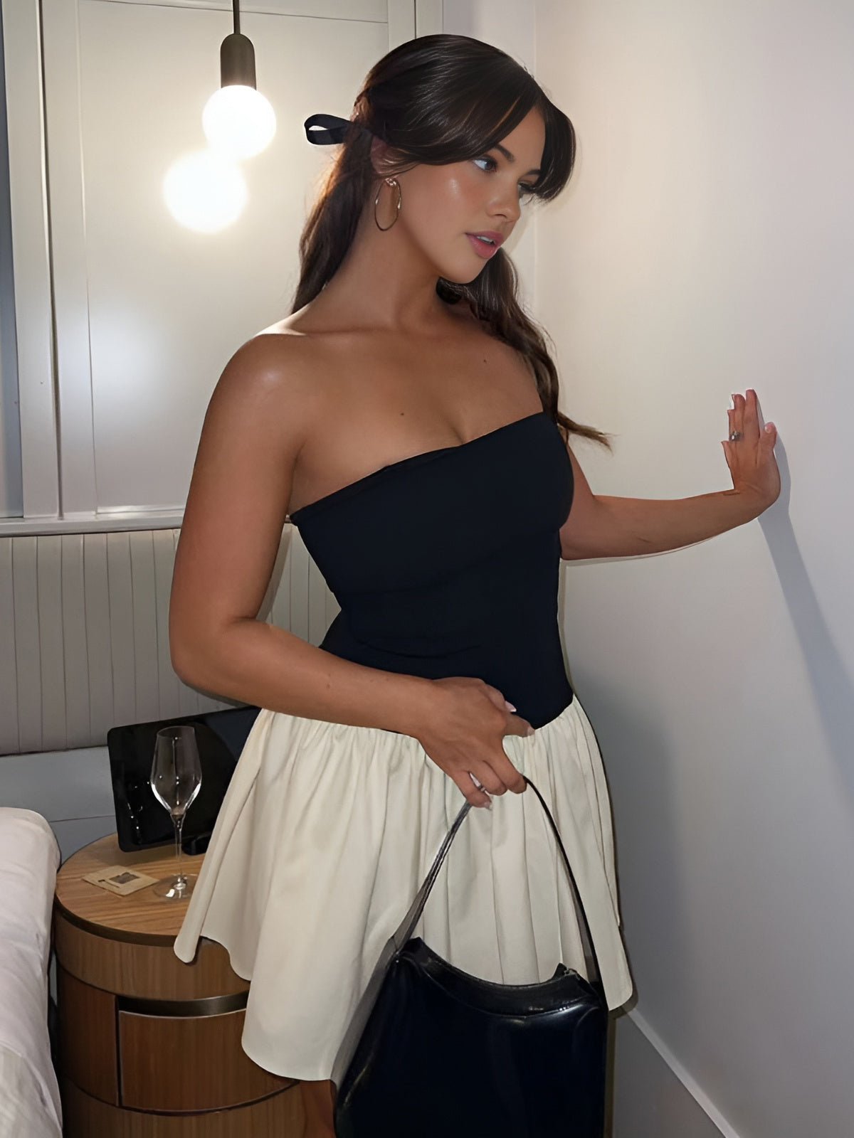 Contrast Bustier Open-Back Mini Dress