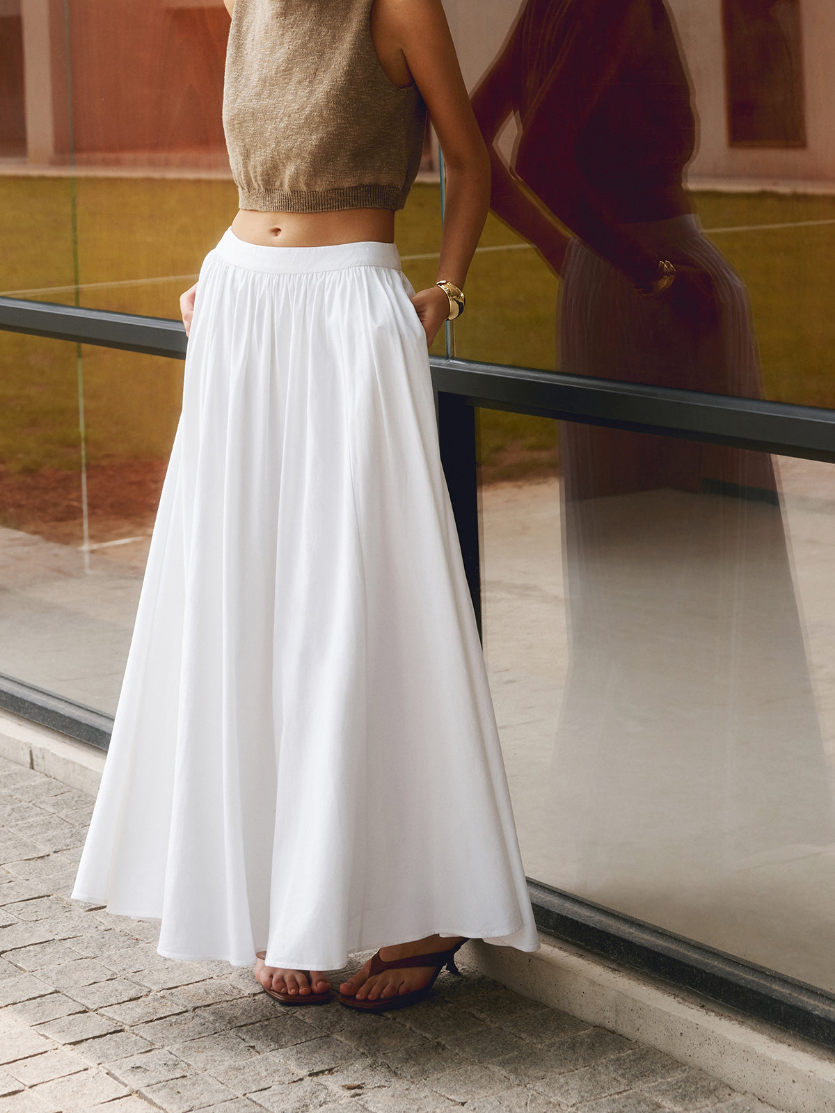 High-Waist Linen Blend Pleated Maxi Skirt