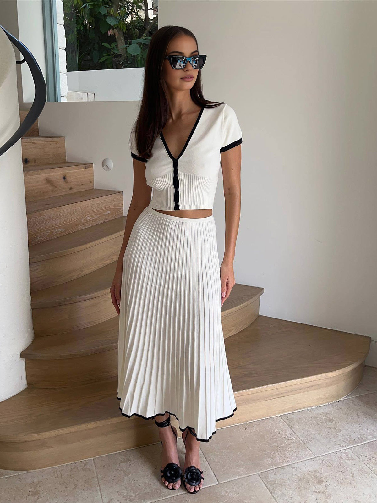 Contrast Trim Knit Top & Midi Skirt Set
