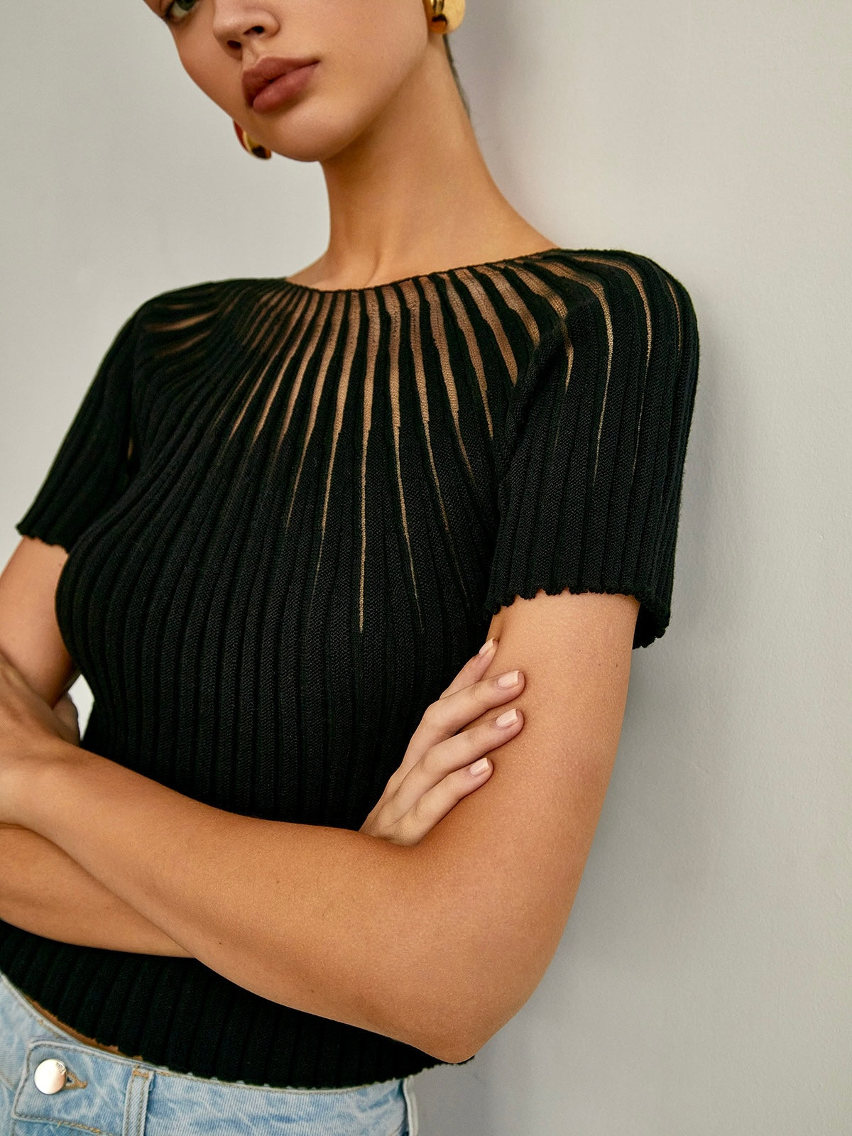 Semi-Sheer Short Sleeve Knit Top
