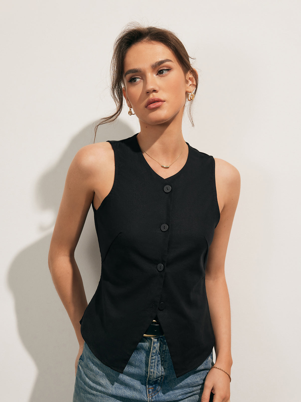 Linen Blend Cropped Button Tank