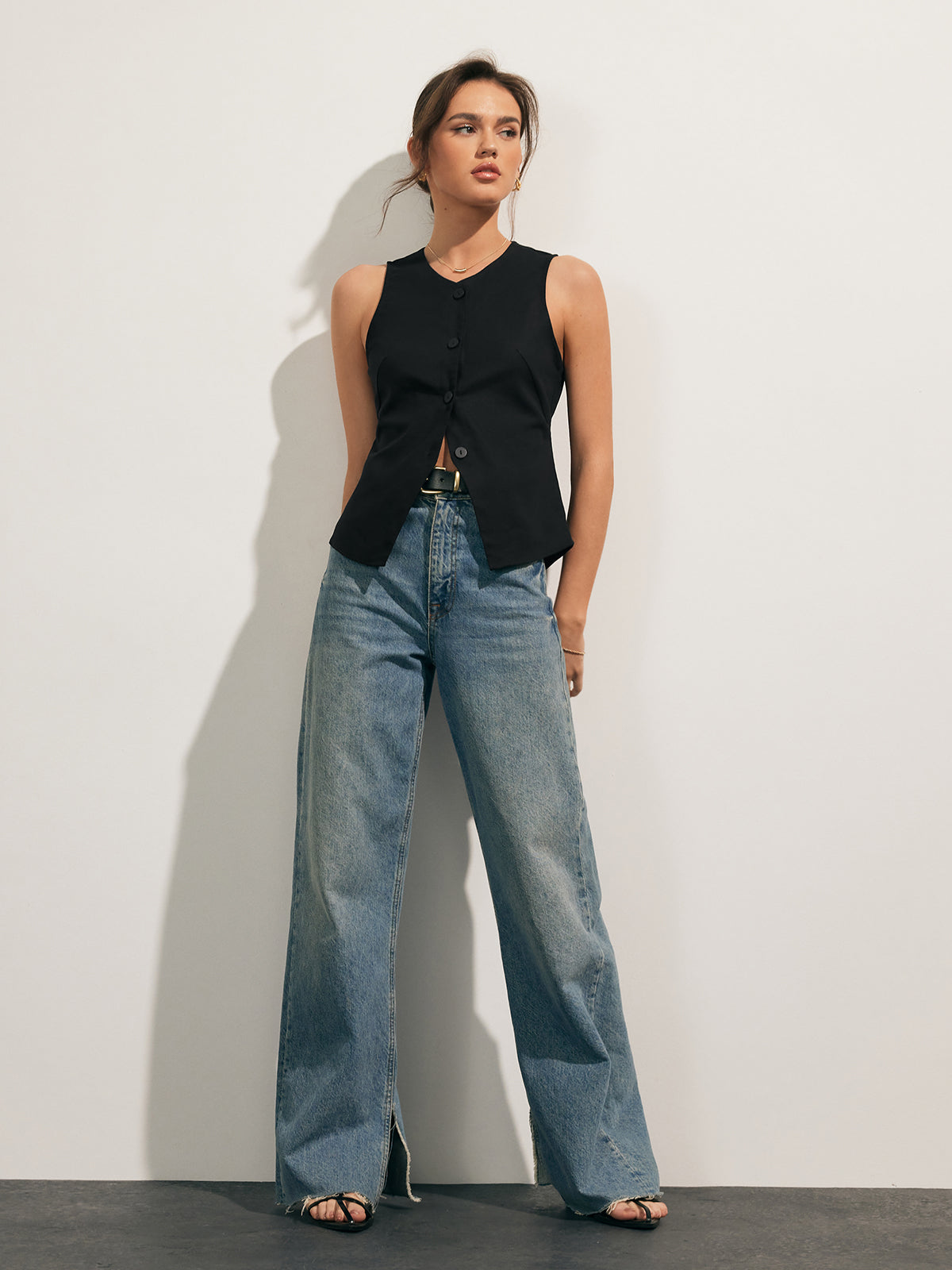 Linen Blend Cropped Button Tank