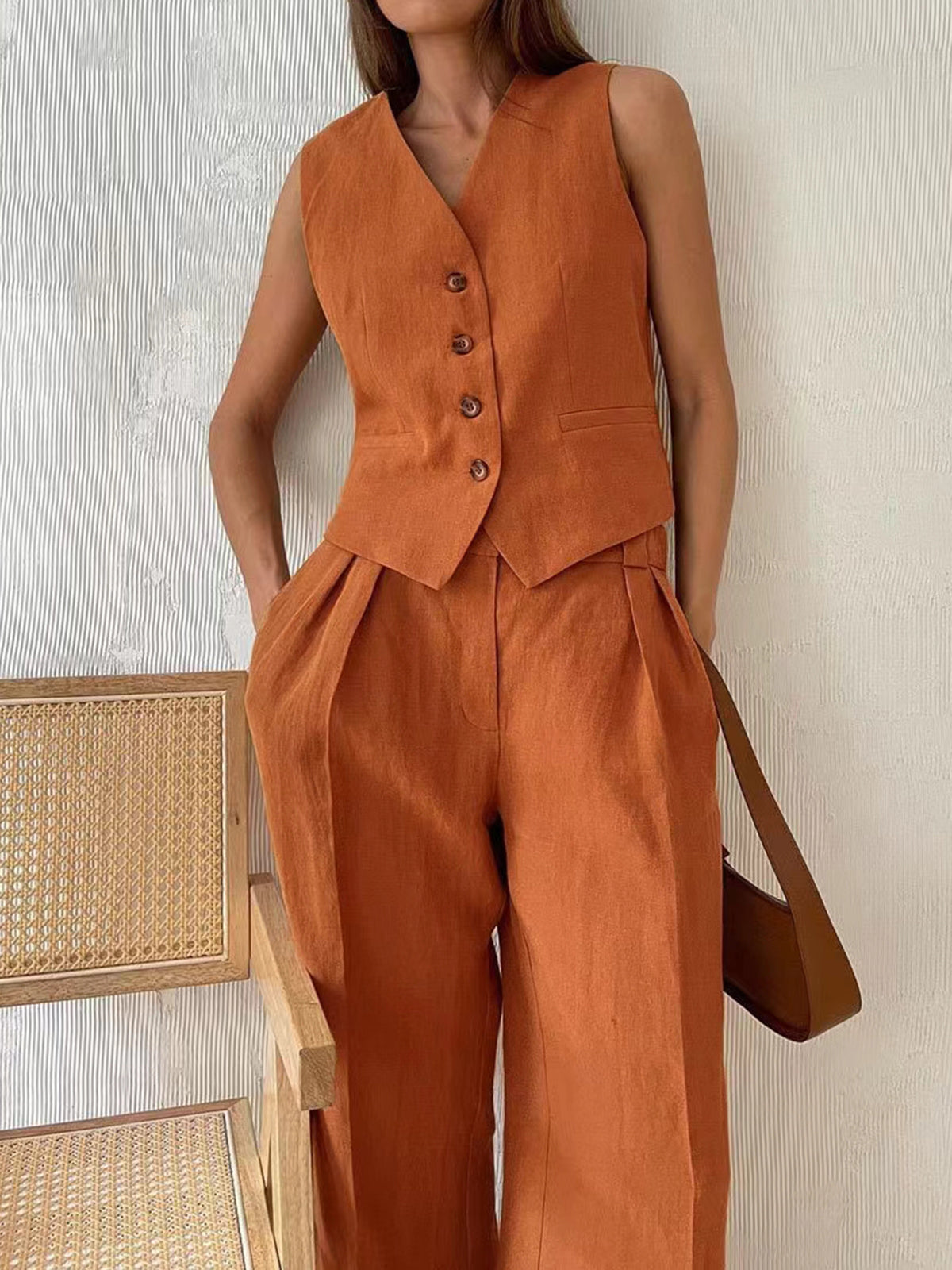Relaxed Cotton Linen Two-Piece Trouser Set