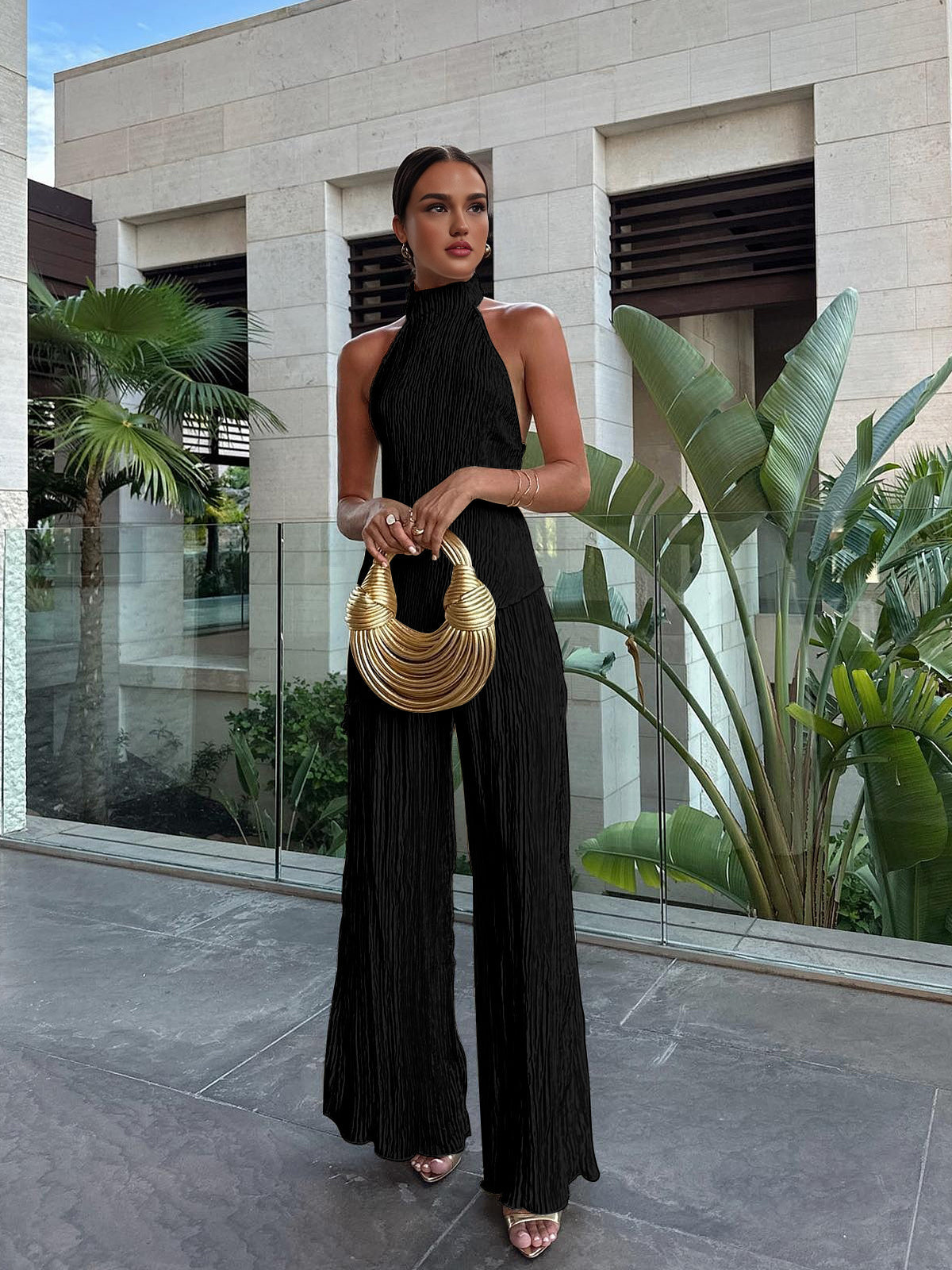 Satin Asymmetric Halter Top & Wide-Leg Pants Co-Ord Set