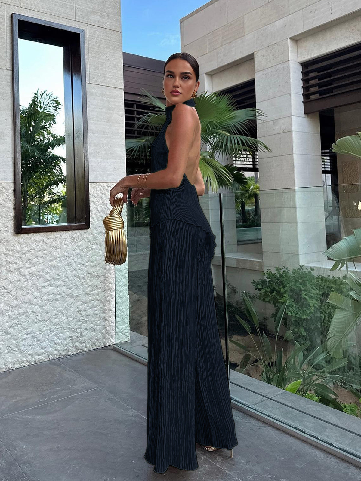 Satin Asymmetric Halter Top & Wide-Leg Pants Co-Ord Set