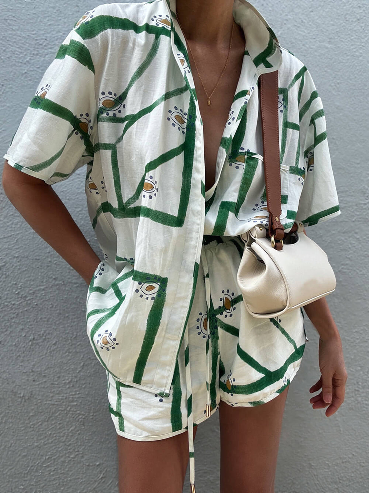 Linen Blend Printed Lounge Shorts Set
