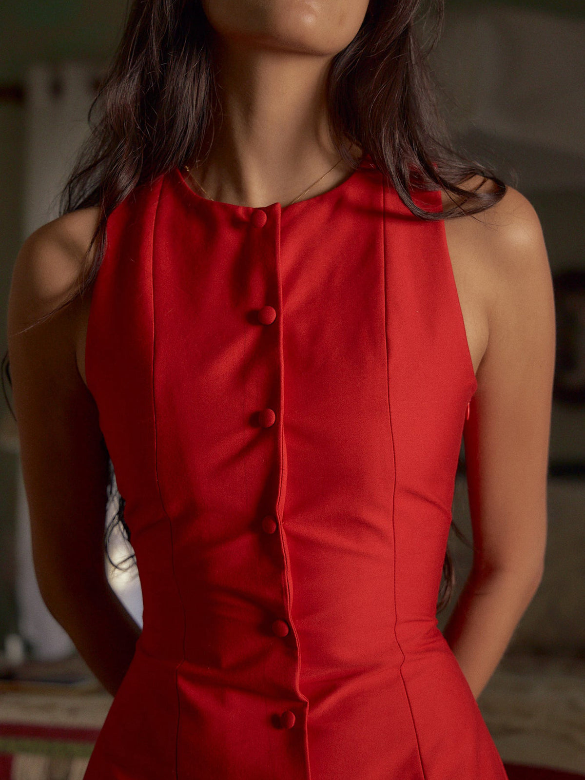 Minimal Button-Front Sleeveless Mini Dress