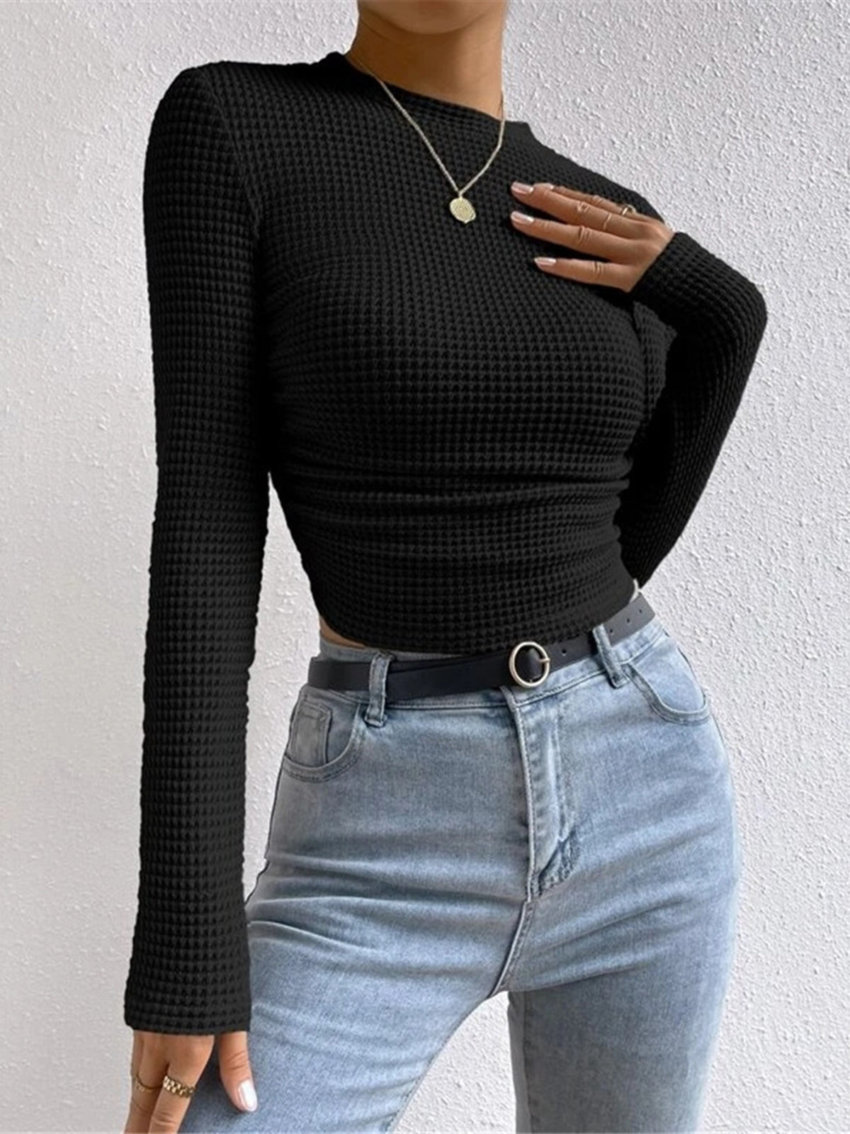 Waffle Knit Slim Fit Crew Neck Top