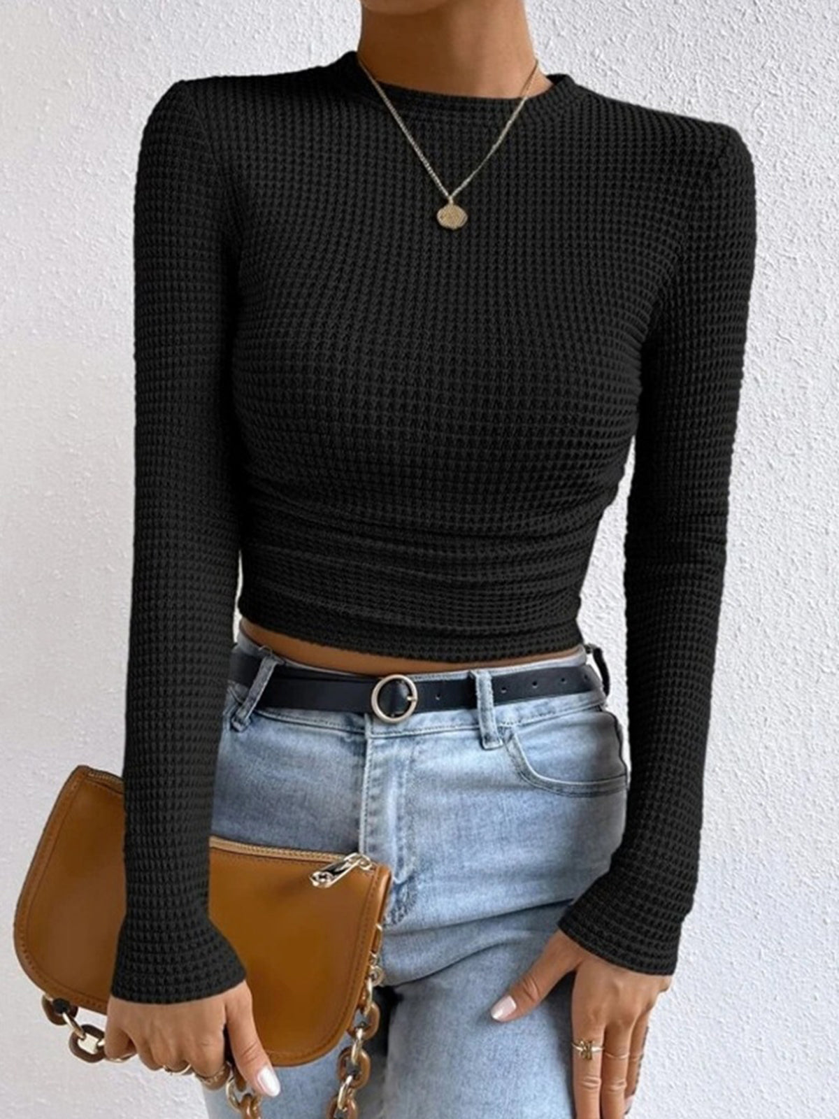Waffle Knit Slim Fit Crew Neck Top