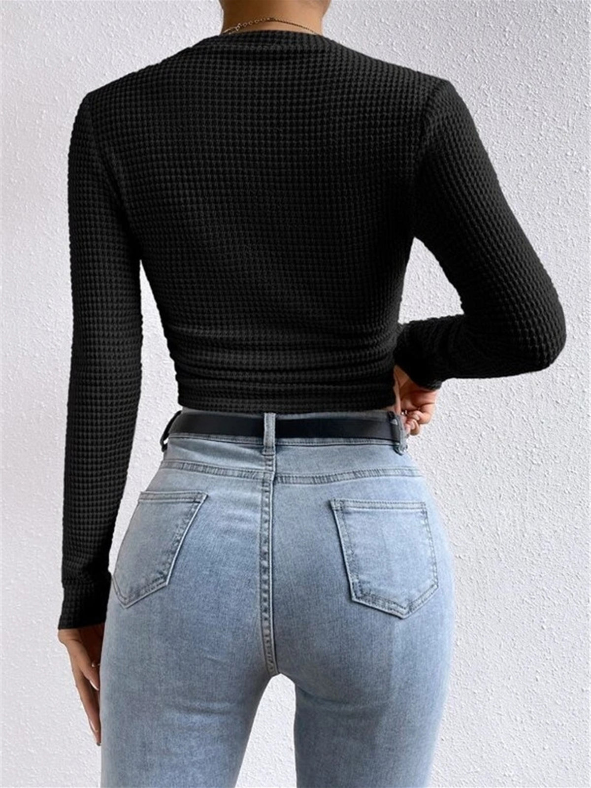 Waffle Knit Slim Fit Crew Neck Top
