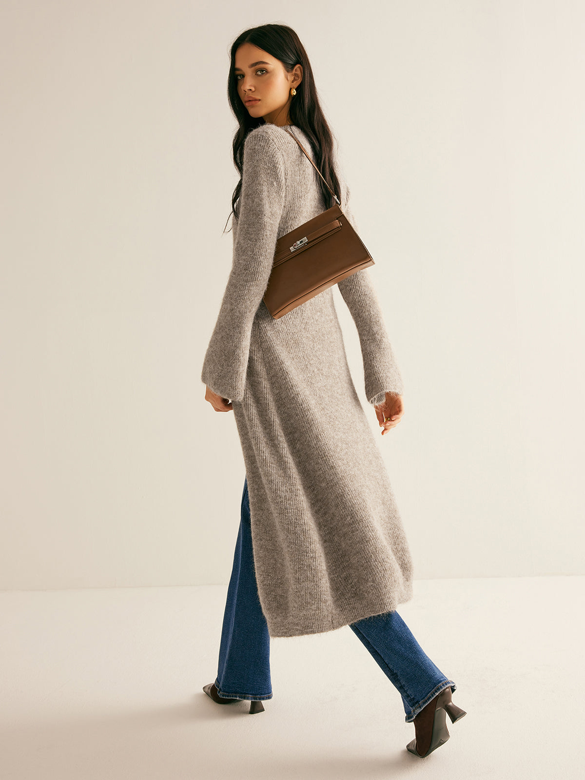 Button Front V-Neck Knit Midi Dress