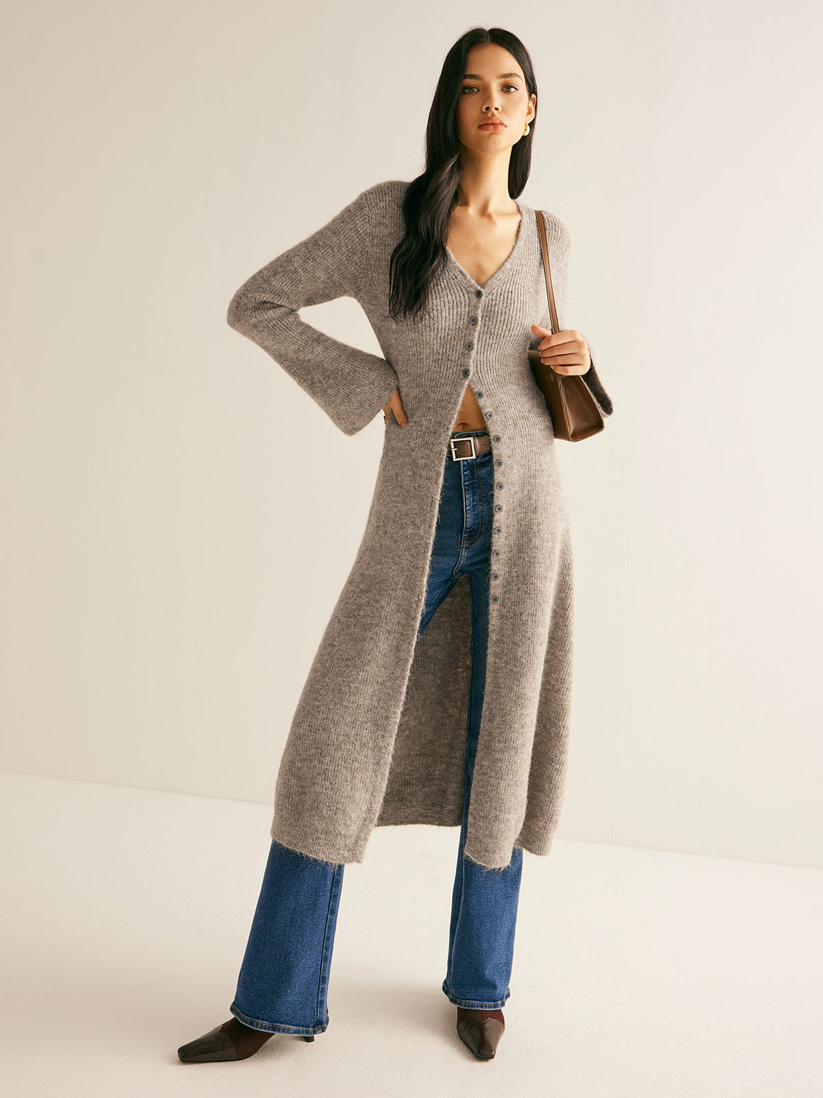 Button Front V-Neck Knit Midi Dress