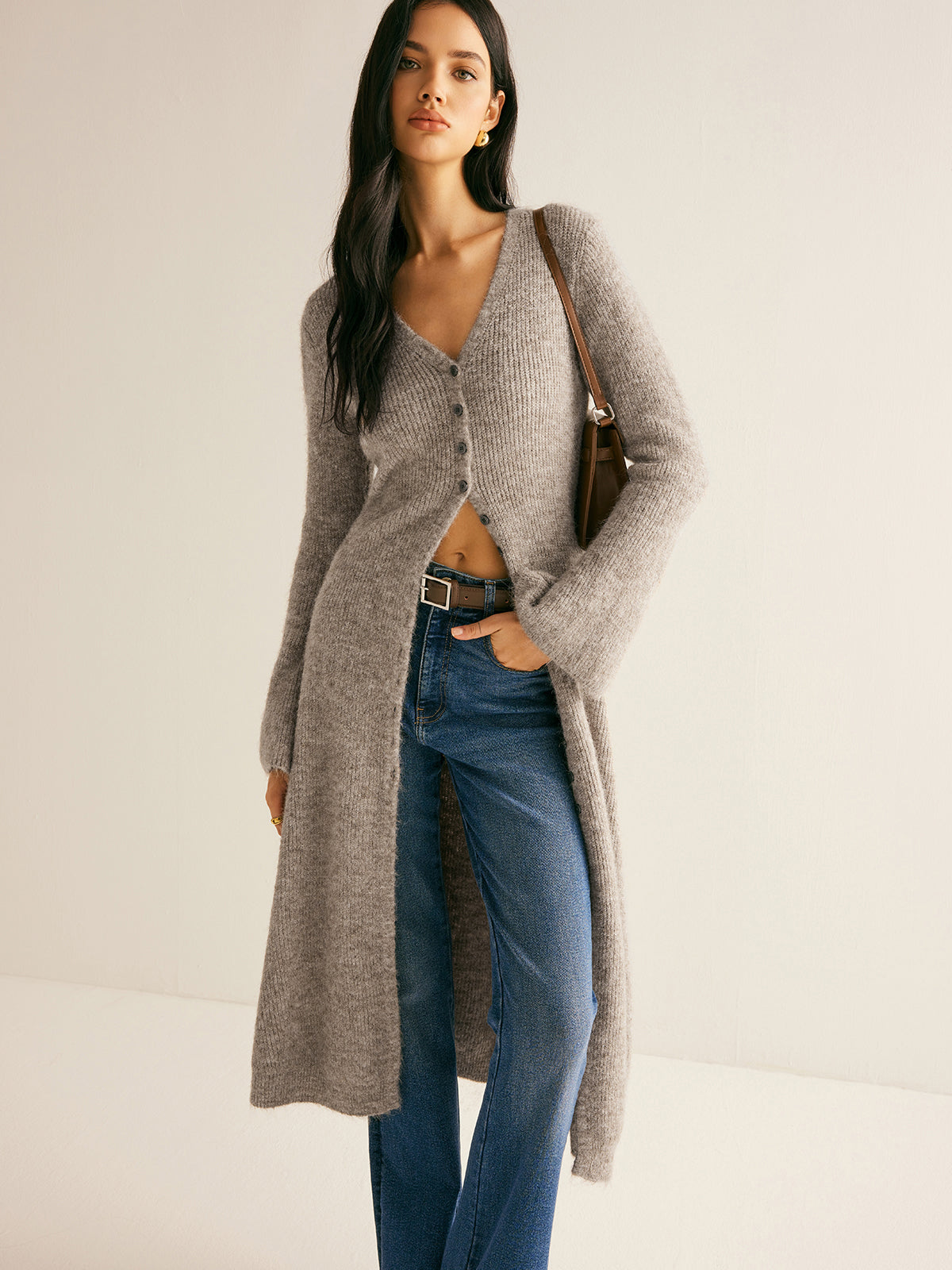 Button Front V-Neck Knit Midi Dress