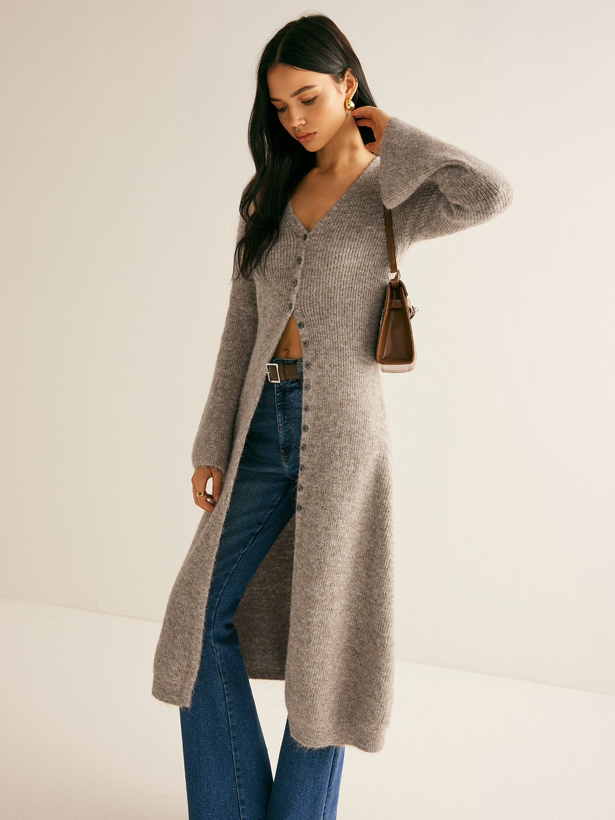 Button Front V-Neck Knit Midi Dress