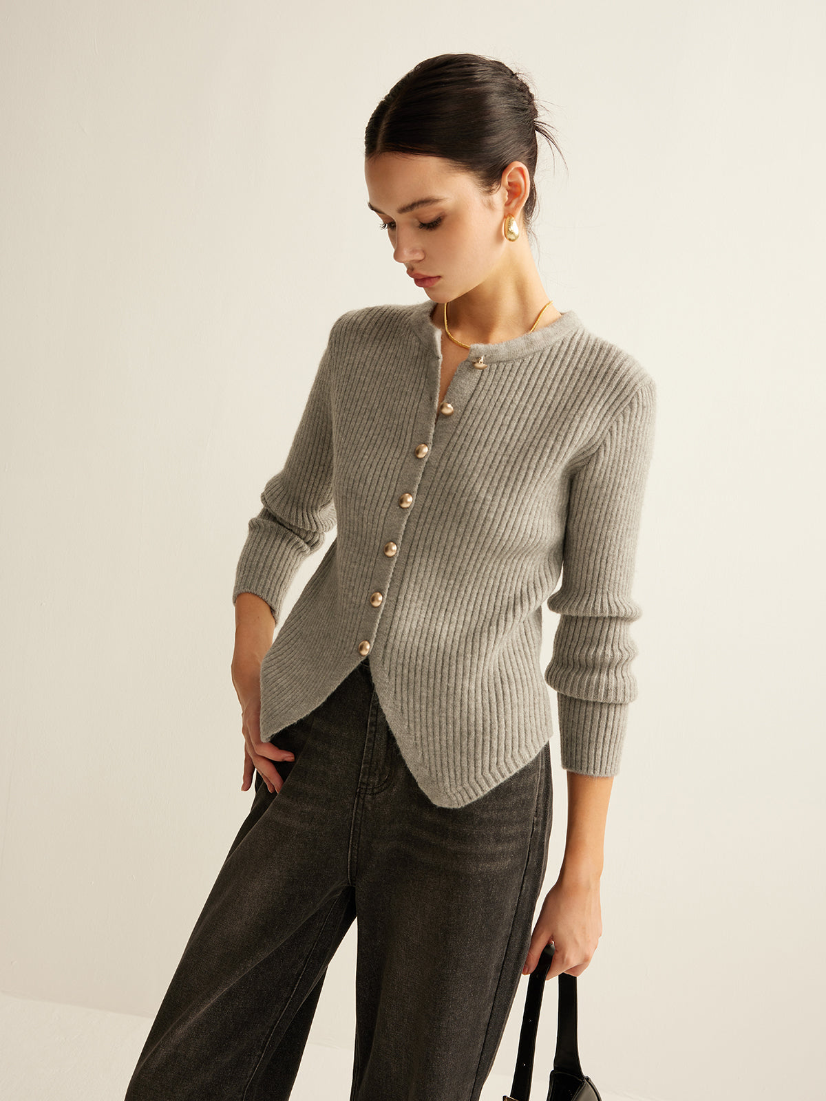 Side-Slit Button Knit Cardigan