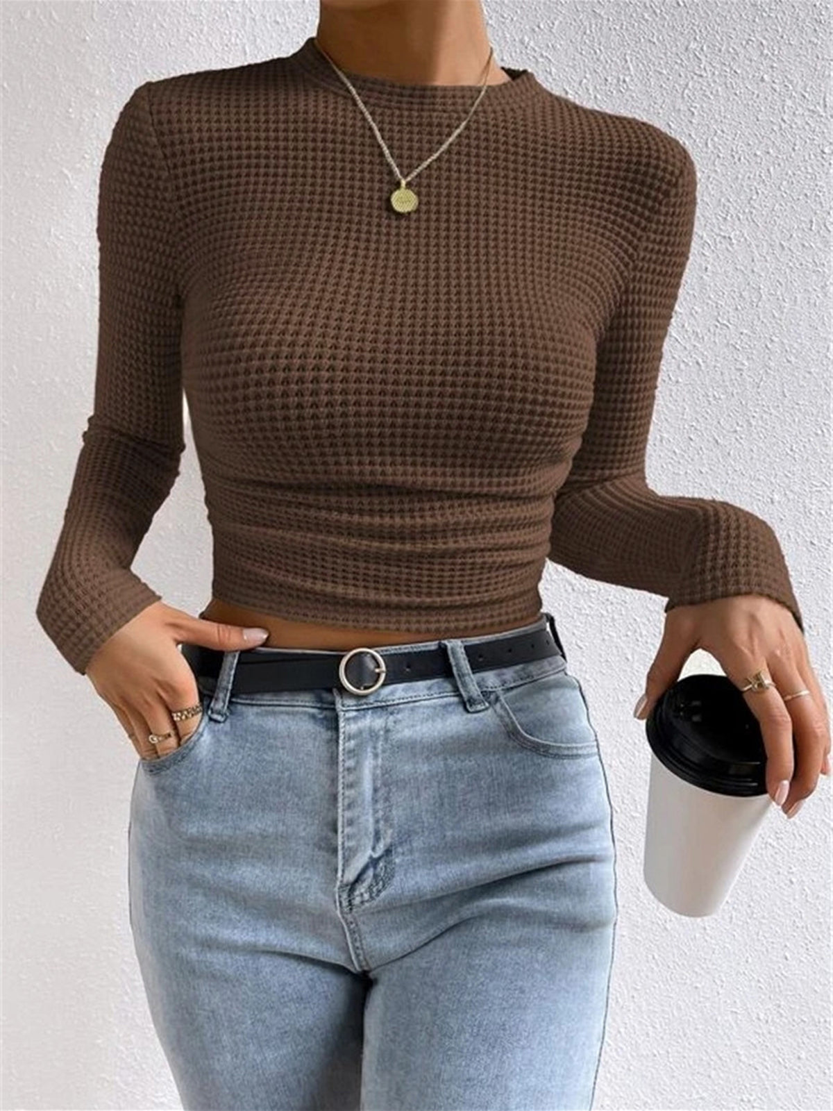 Waffle Knit Slim Fit Crew Neck Top