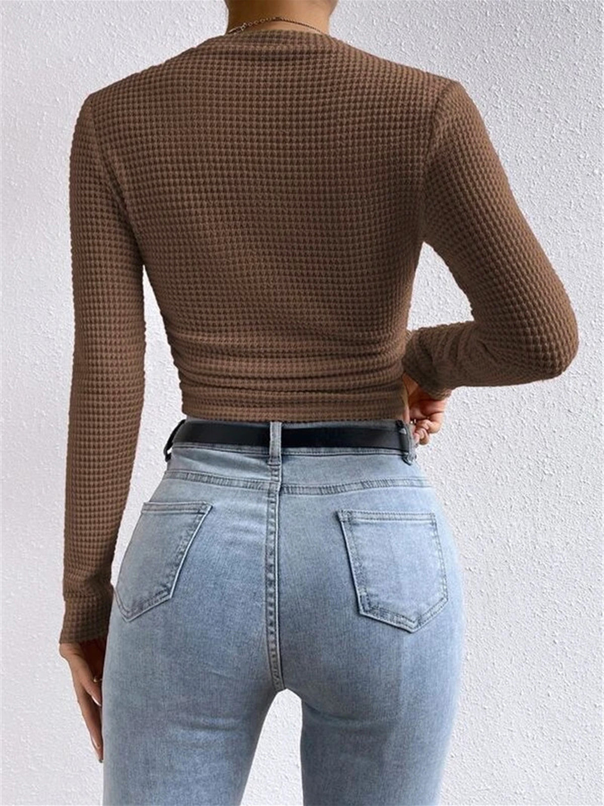 Waffle Knit Slim Fit Crew Neck Top