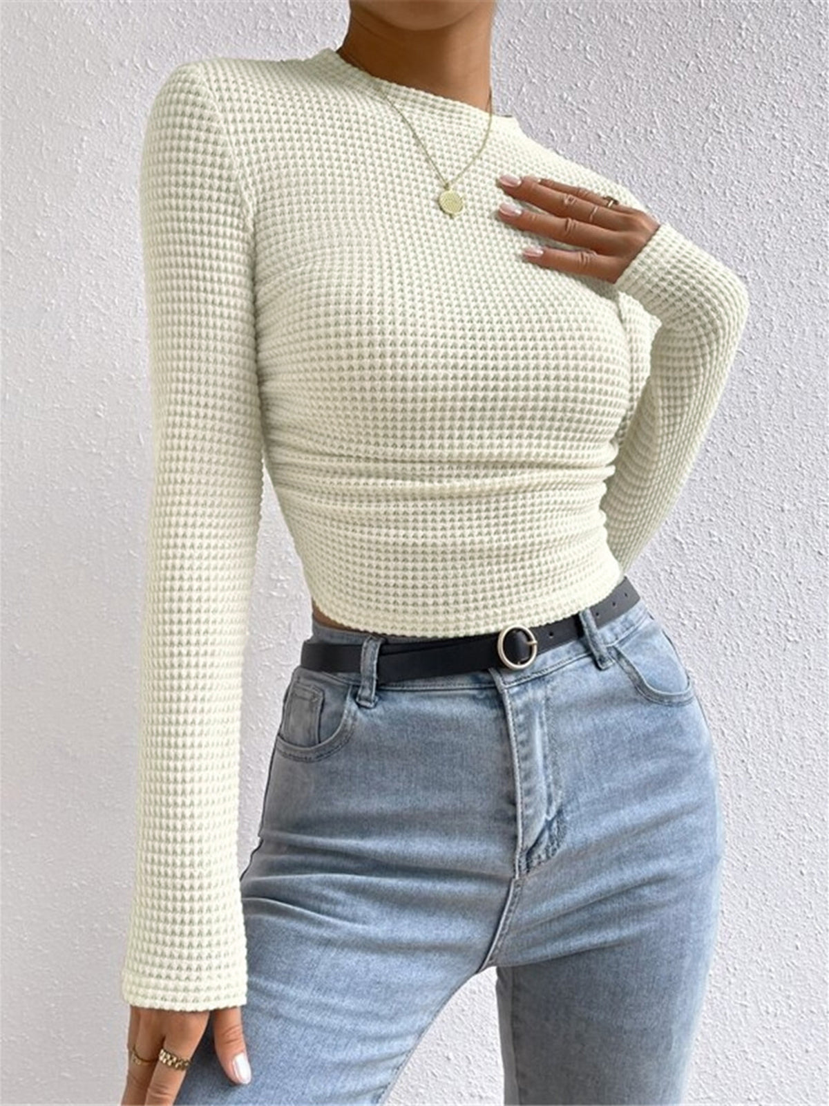 Waffle Knit Slim Fit Crew Neck Top