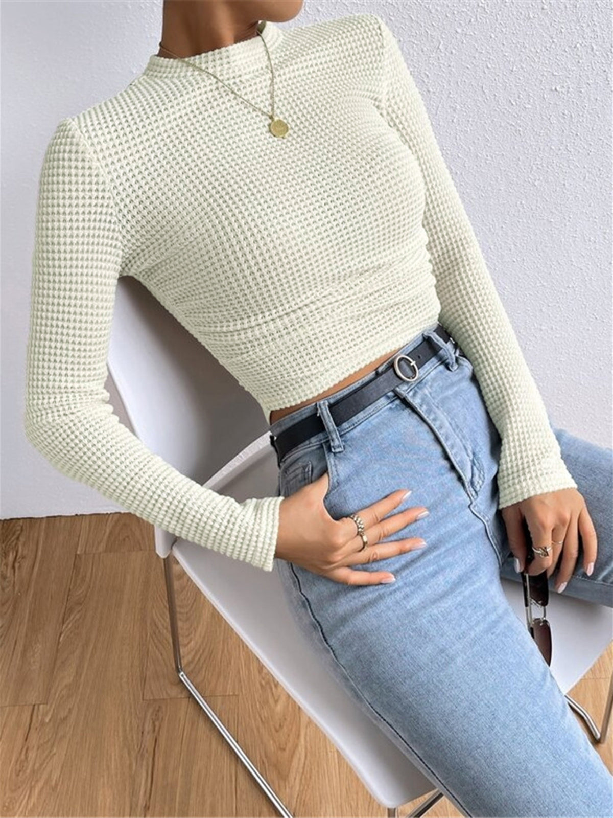 Waffle Knit Slim Fit Crew Neck Top