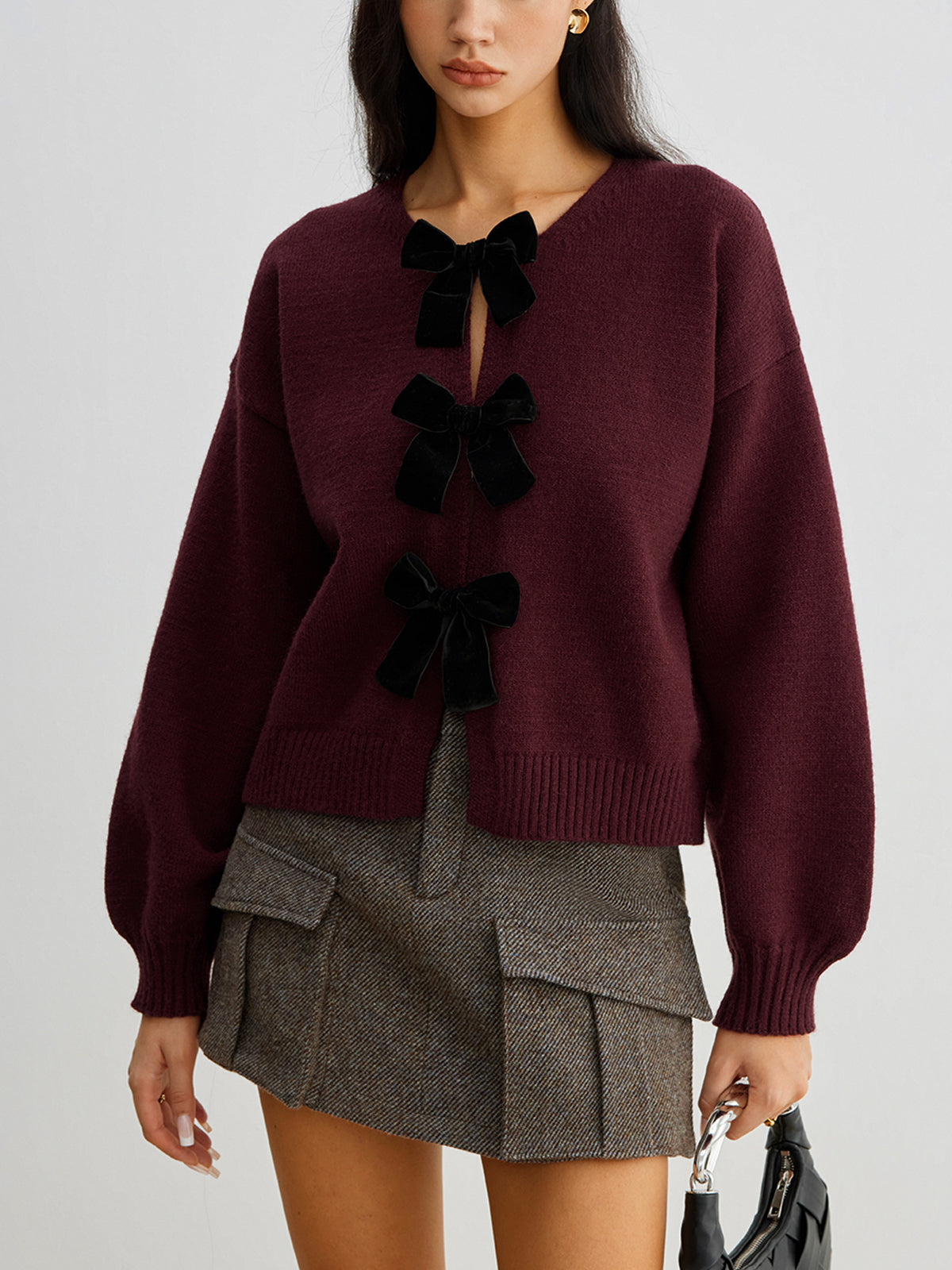 Velvet Bow Puff Sleeve Knit Sweater