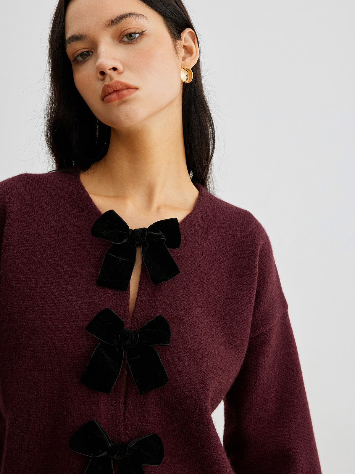Velvet Bow Puff Sleeve Knit Sweater