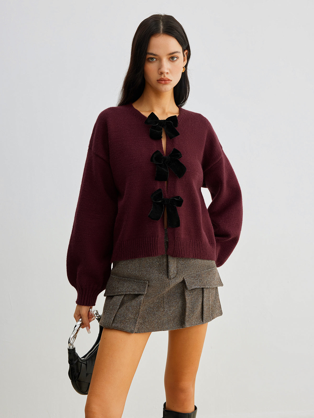 Velvet Bow Puff Sleeve Knit Sweater