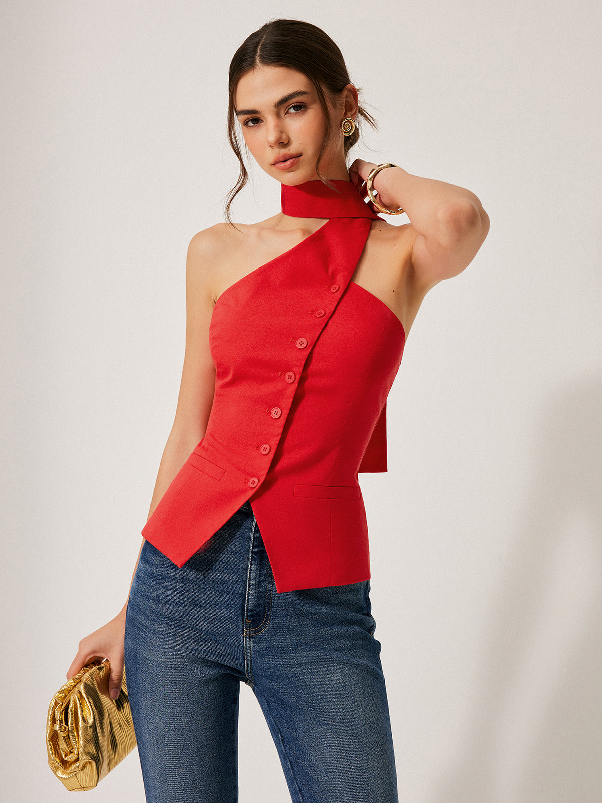 Linen Blend Halter Neck Utility Pocket Top