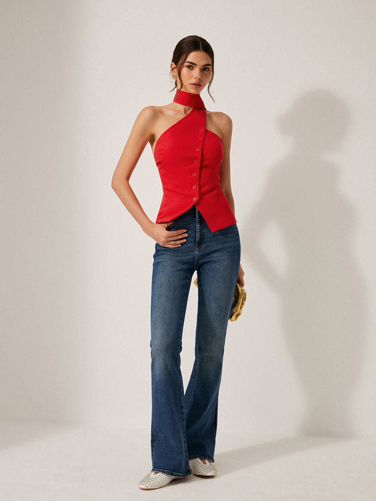 Linen Blend Halter Neck Utility Pocket Top