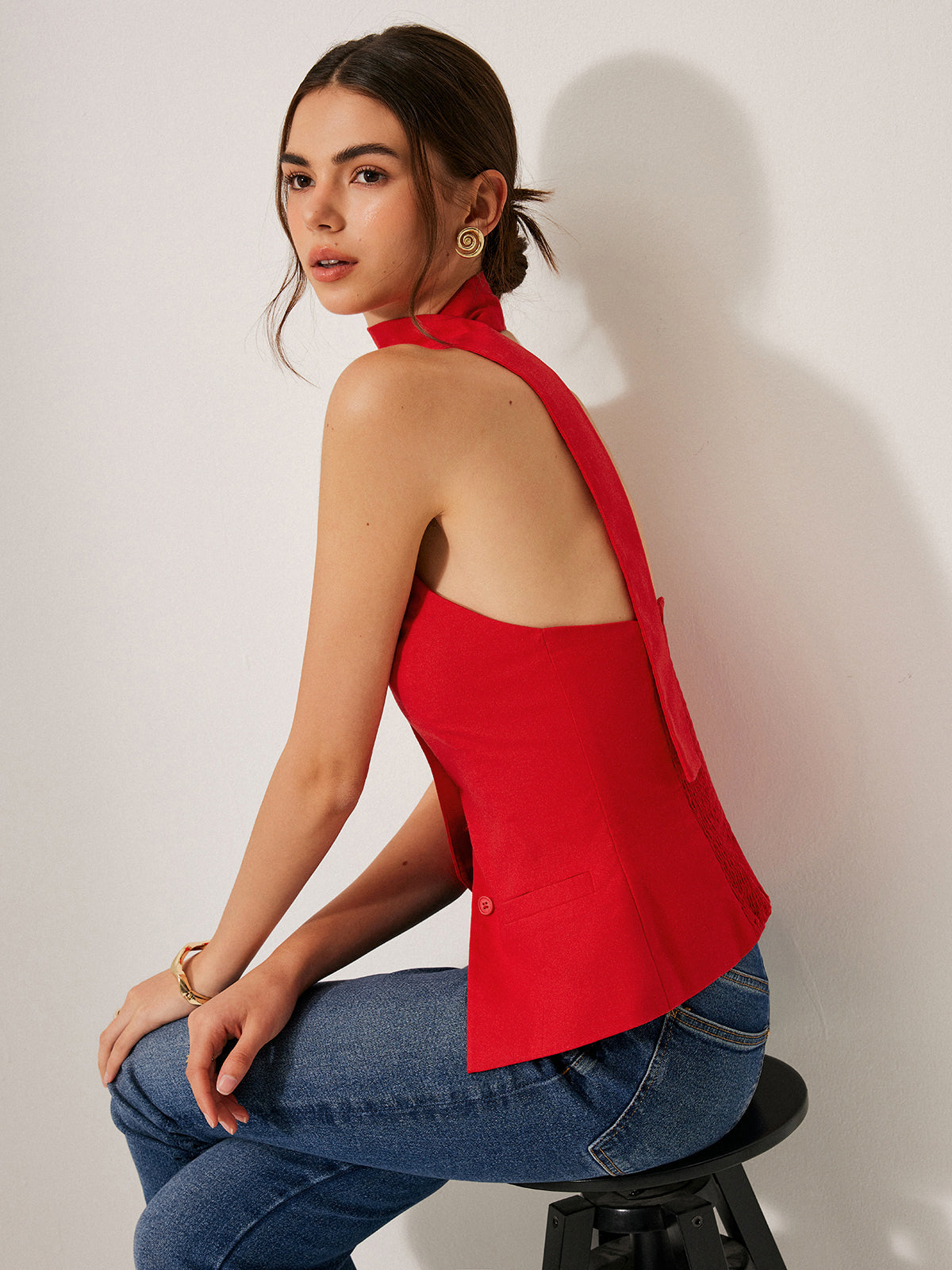 Linen Blend Halter Neck Utility Pocket Top