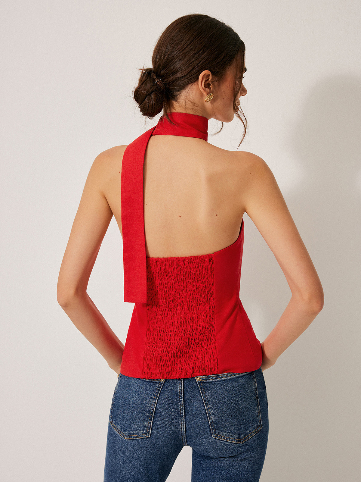 Linen Blend Halter Neck Utility Pocket Top