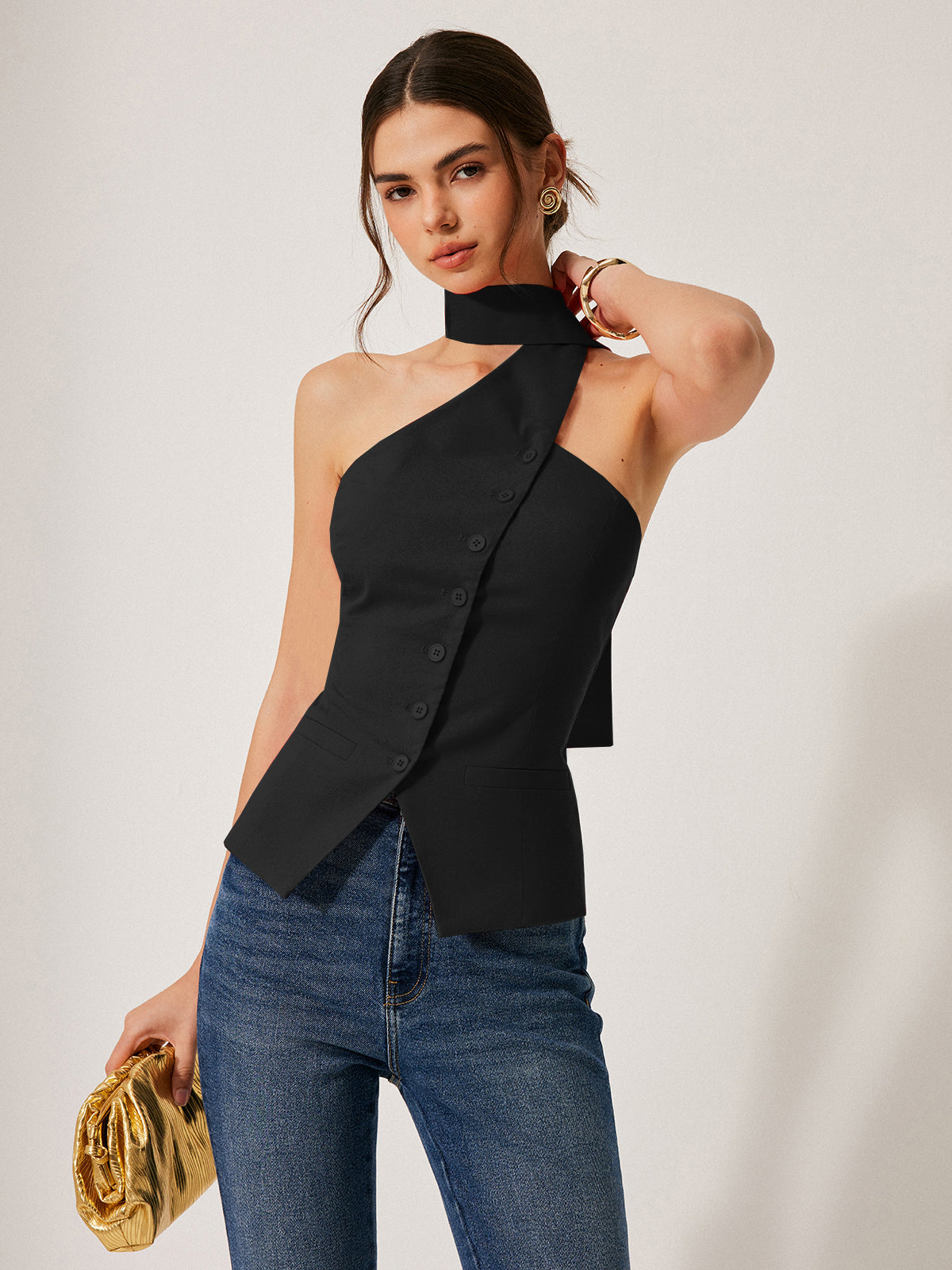 Linen Blend Halter Neck Utility Pocket Top