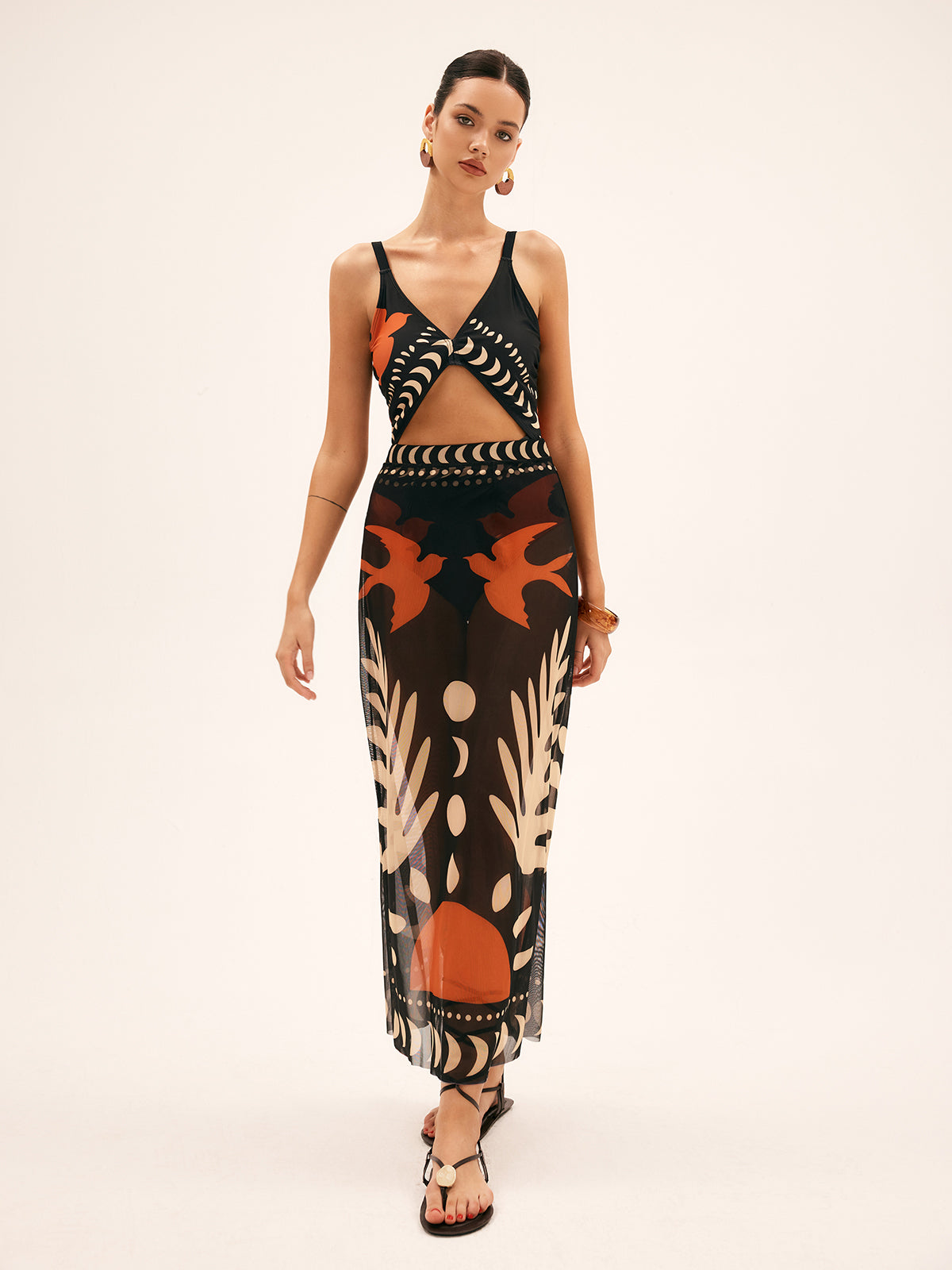 Tropical Bird Print Sheer Mesh Maxi Skirt