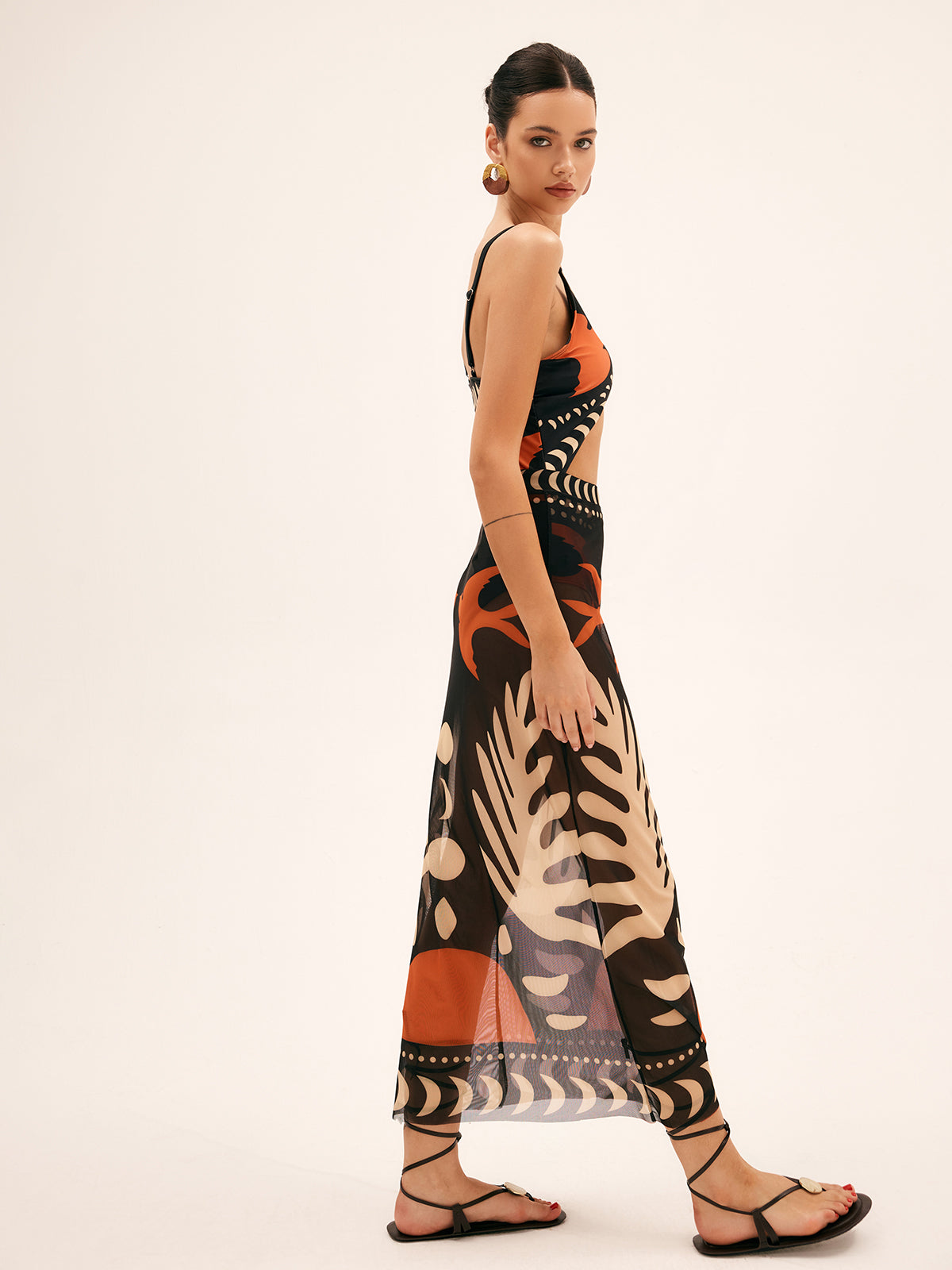 Tropical Bird Print Sheer Mesh Maxi Skirt