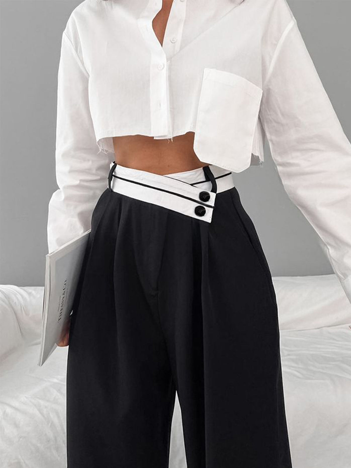 Asymmetric Contrast Waist Wide-Leg Trousers