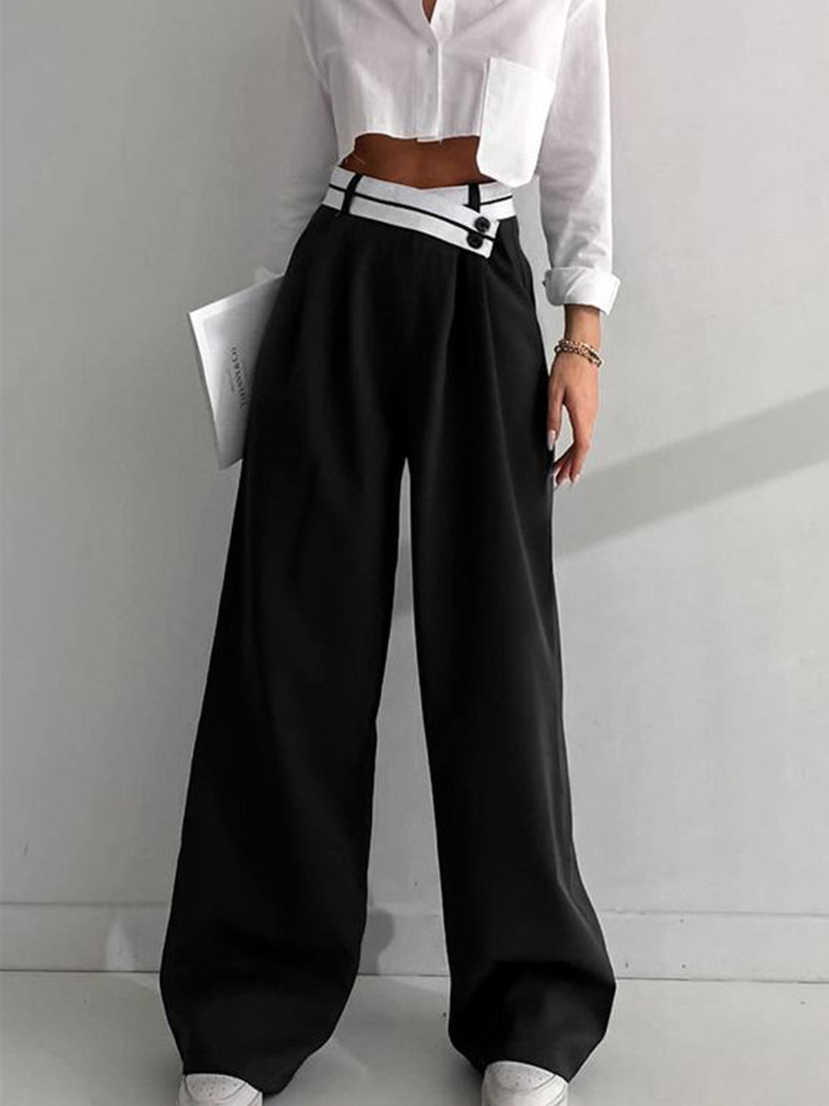 Asymmetric Contrast Waist Wide-Leg Trousers
