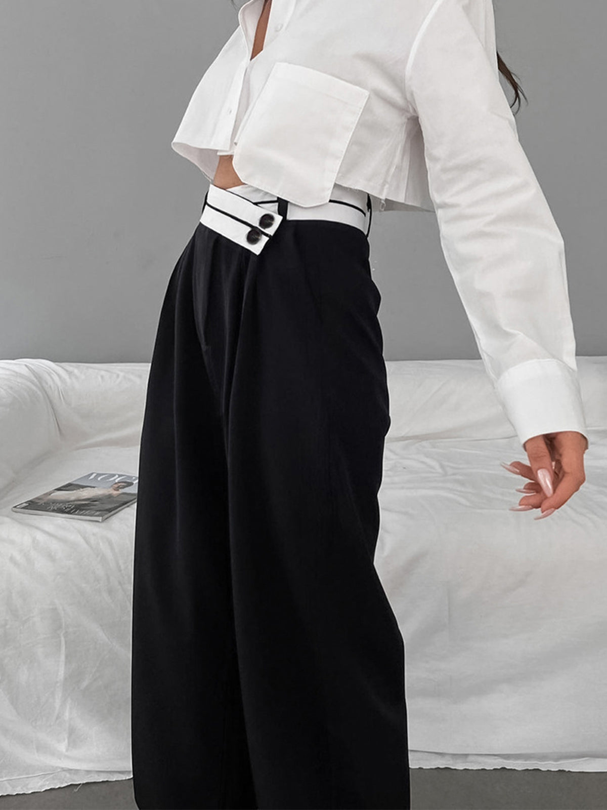 Asymmetric Contrast Waist Wide-Leg Trousers