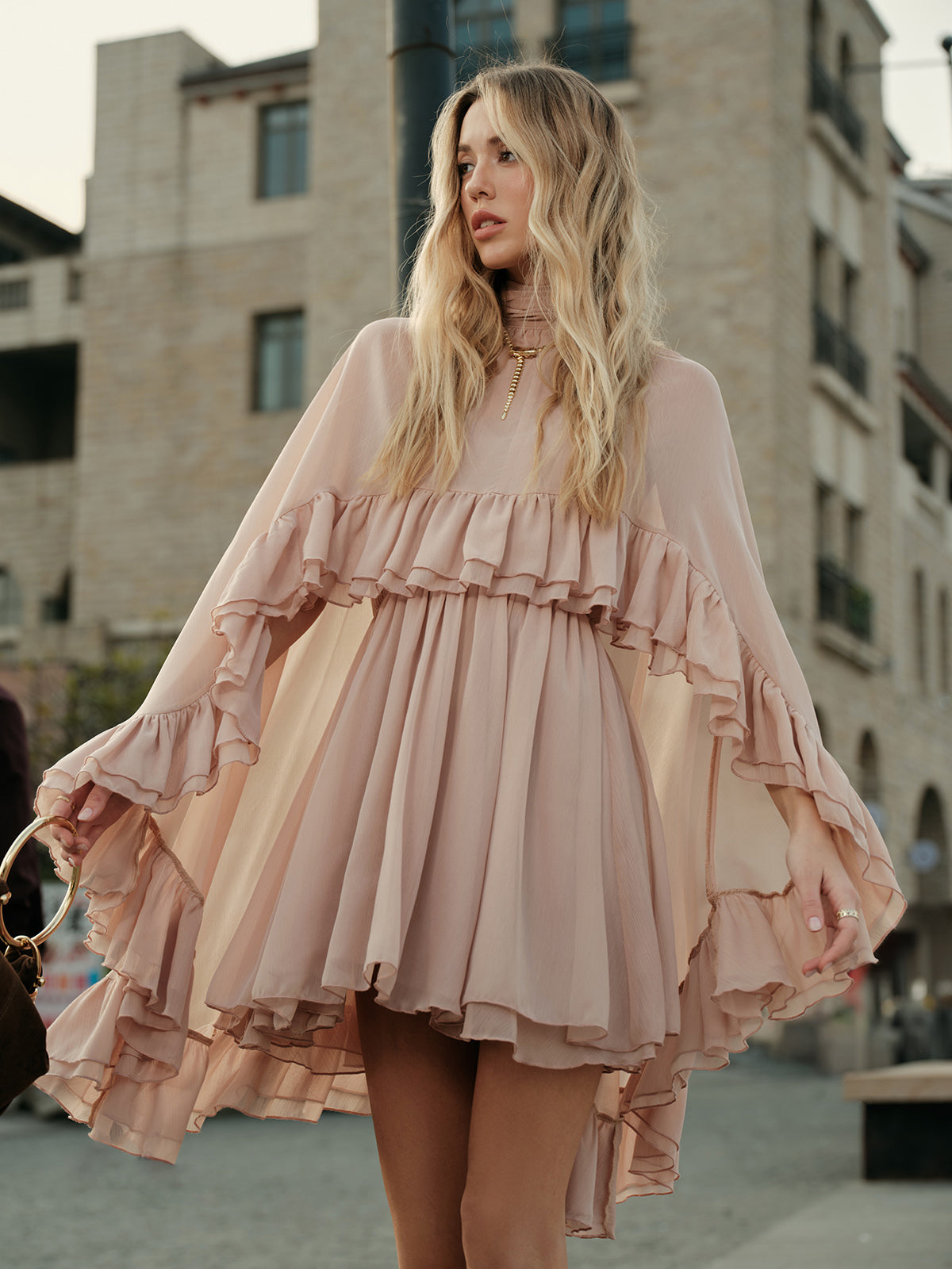 Layered Chiffon Cape Mini Dress