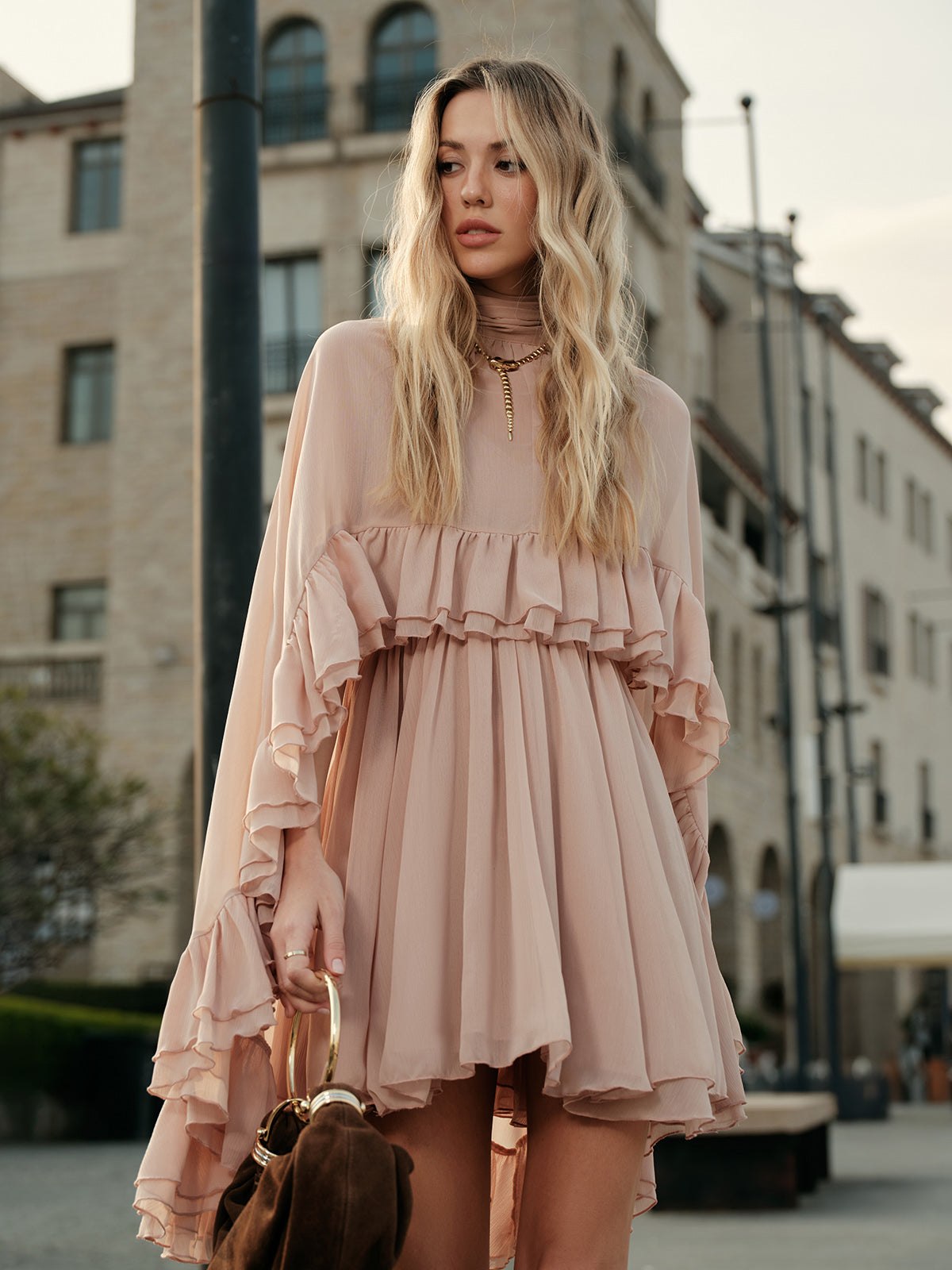 Layered Chiffon Cape Mini Dress