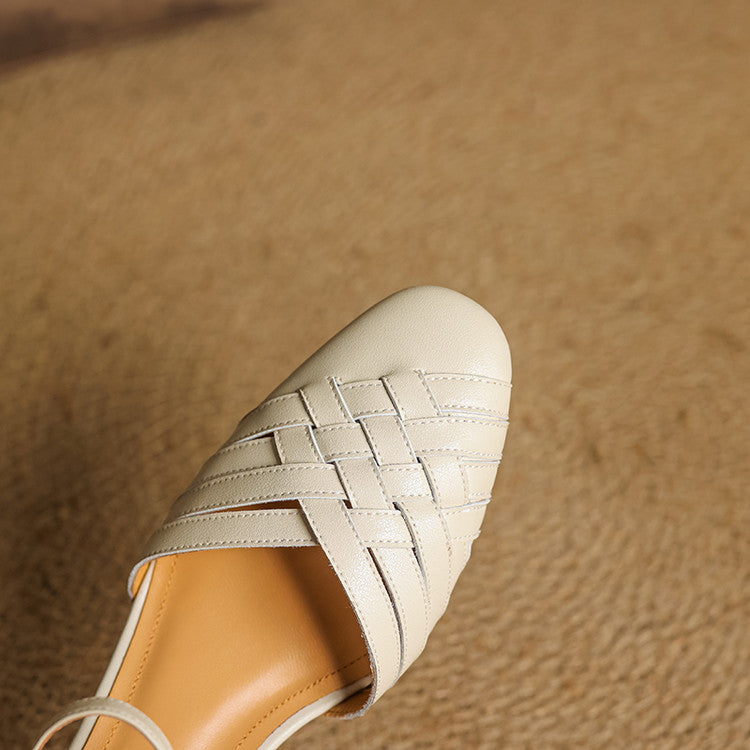 Adjustable Strap Leather Block Heel Sandals